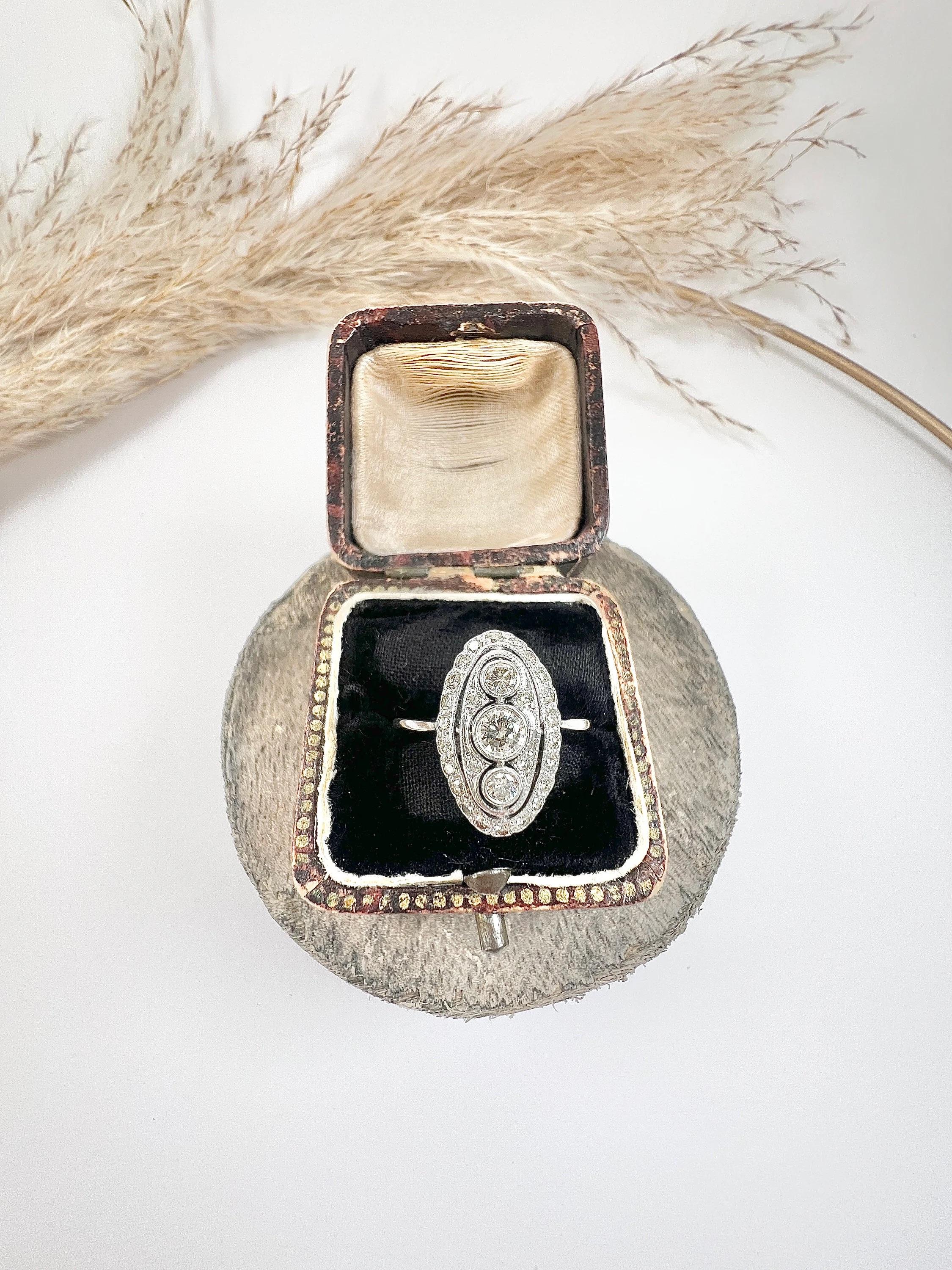 Women's or Men's Antique 18ct White Gold,  Edwardian Three Stone Diamond Ring, Oval Halo Ring For Sale