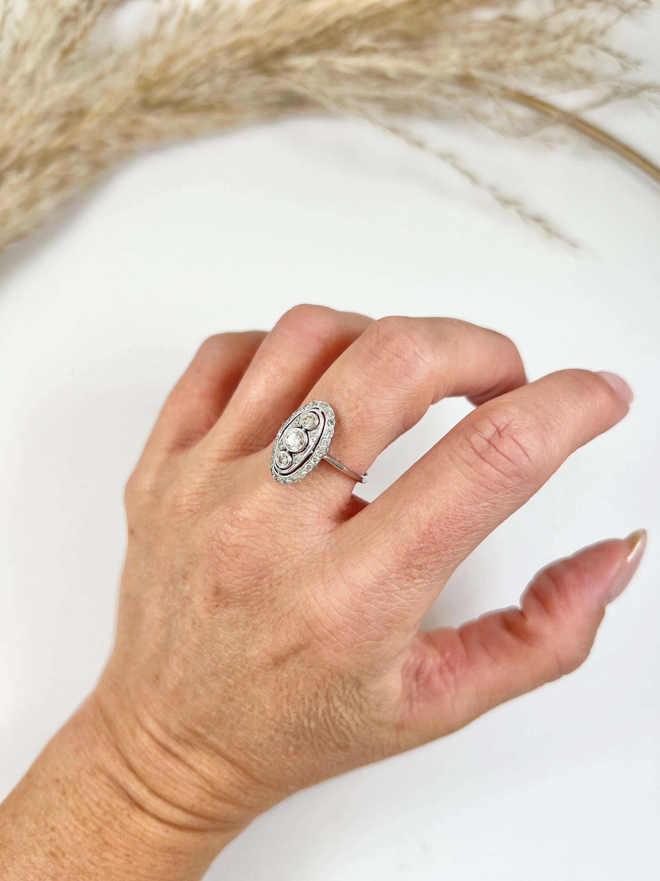 Antique 18ct White Gold,  Edwardian Three Stone Diamond Ring, Oval Halo Ring For Sale 1