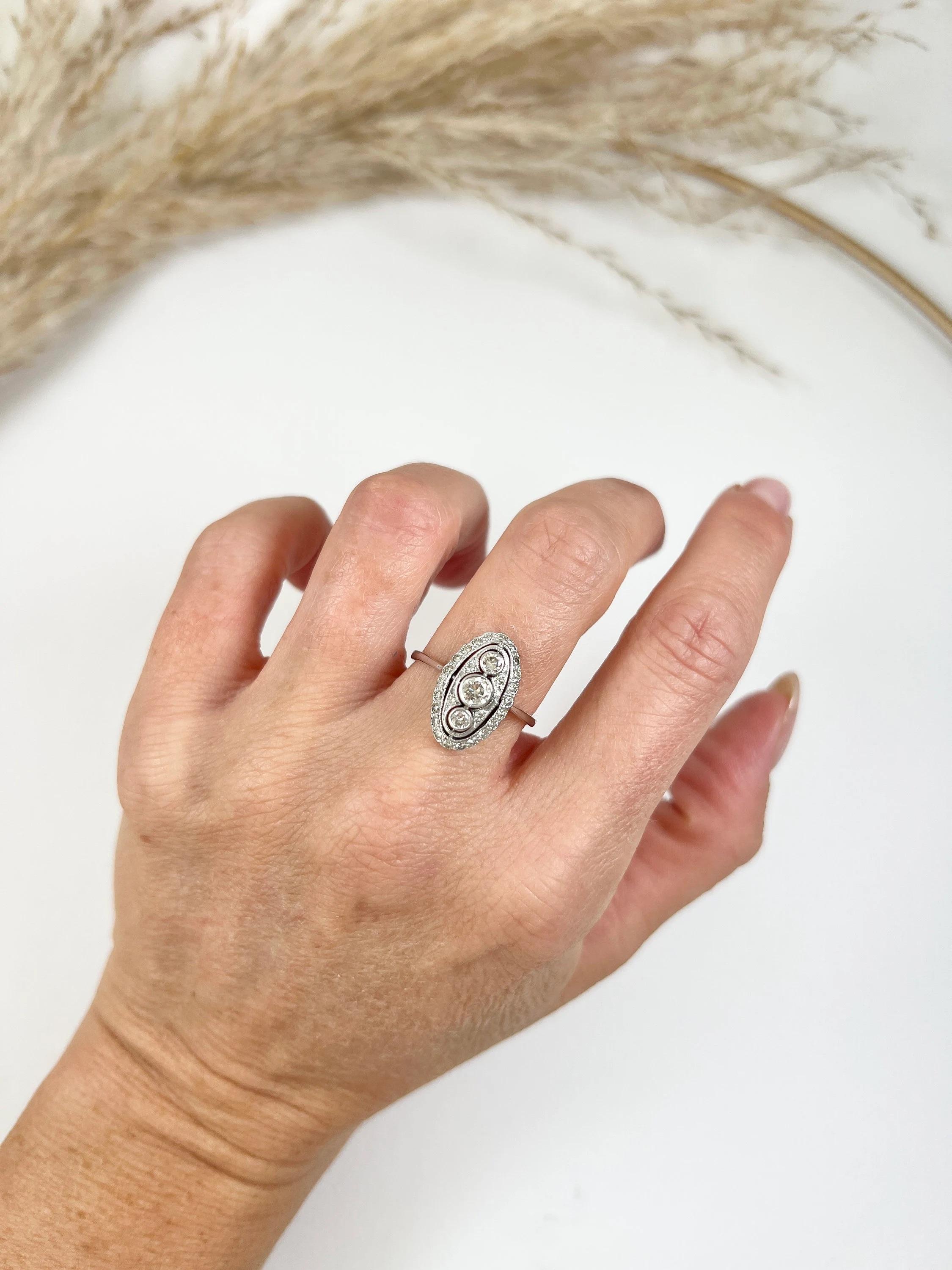 Antique 18ct White Gold,  Edwardian Three Stone Diamond Ring, Oval Halo Ring For Sale 2