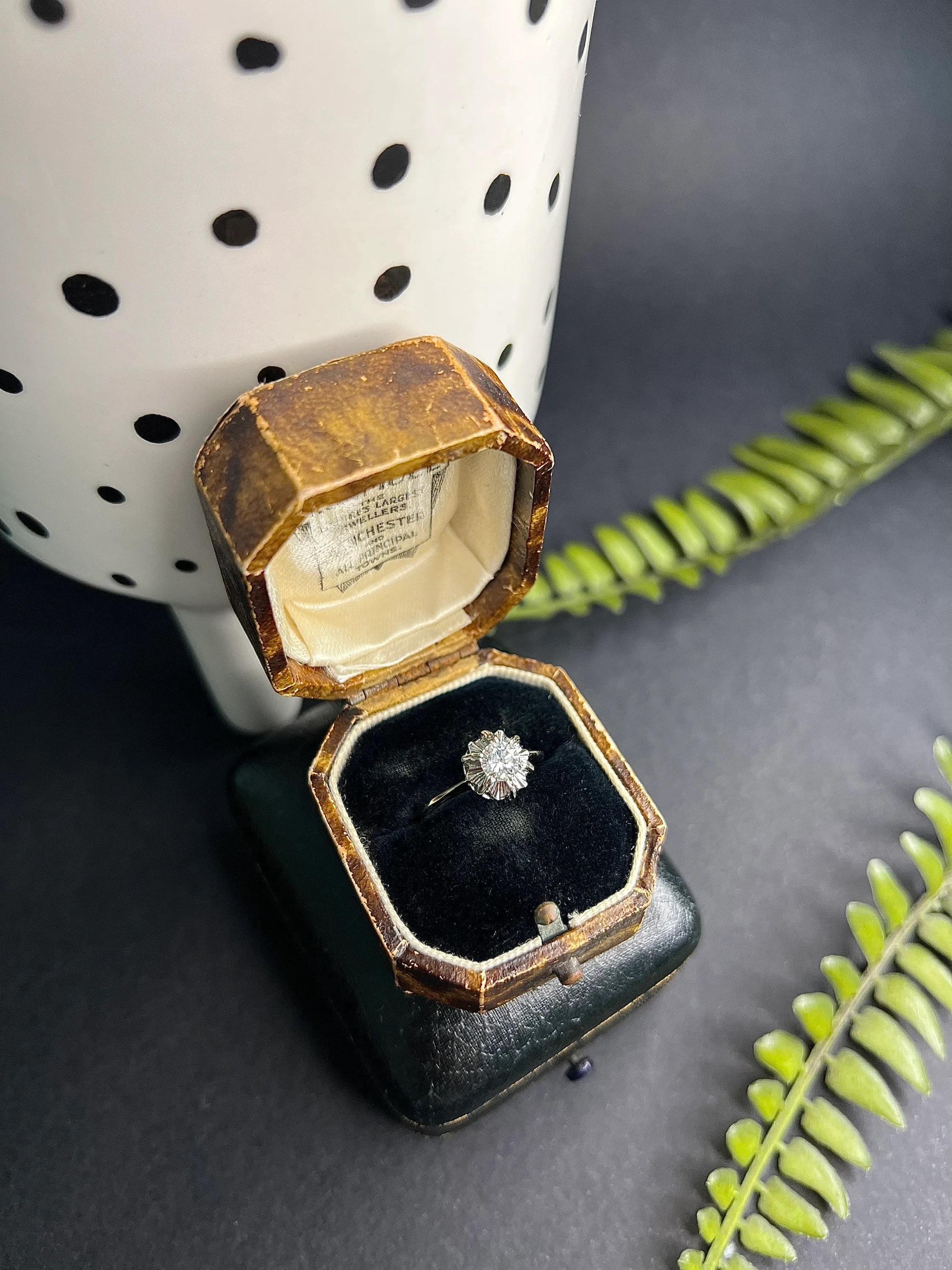 Antique Engagement Ring 

18ct White Gold-French Eagles Head Stamped 

Circa 1920’s

Fabulous, French Single Stone Engagement Ring. Set with a Gorgeous- Star Set- Old Cut Diamond. 

Diamond Weight Approx 0.50cts 

Setting Diameter Approx
