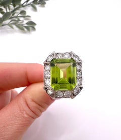 Antique 18ct White Gold & Platinum, 1920s Peridot and Diamond Cluster Ring