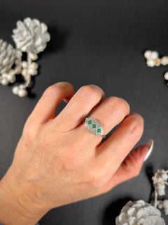 Antique 18ct White Gold & Platinum, Edwardian Emerald Diamond Deco Ring