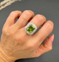 Antique 18ct White Gold & Platinum Edwardian Peridot & Diamond Halo Cluster Ring