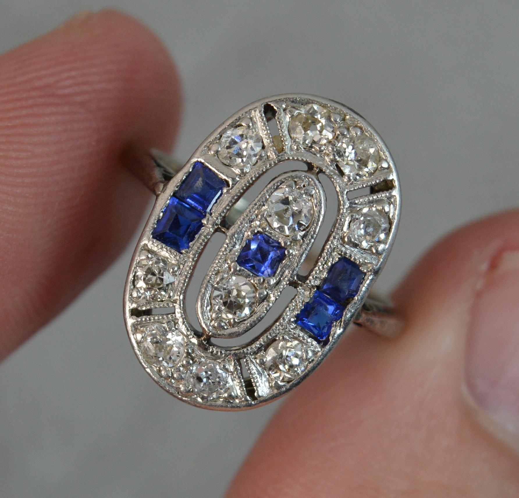 Antique 18 Carat White Gold Sapphire and Diamond Panel Cluster Ring In Excellent Condition In St Helens, GB