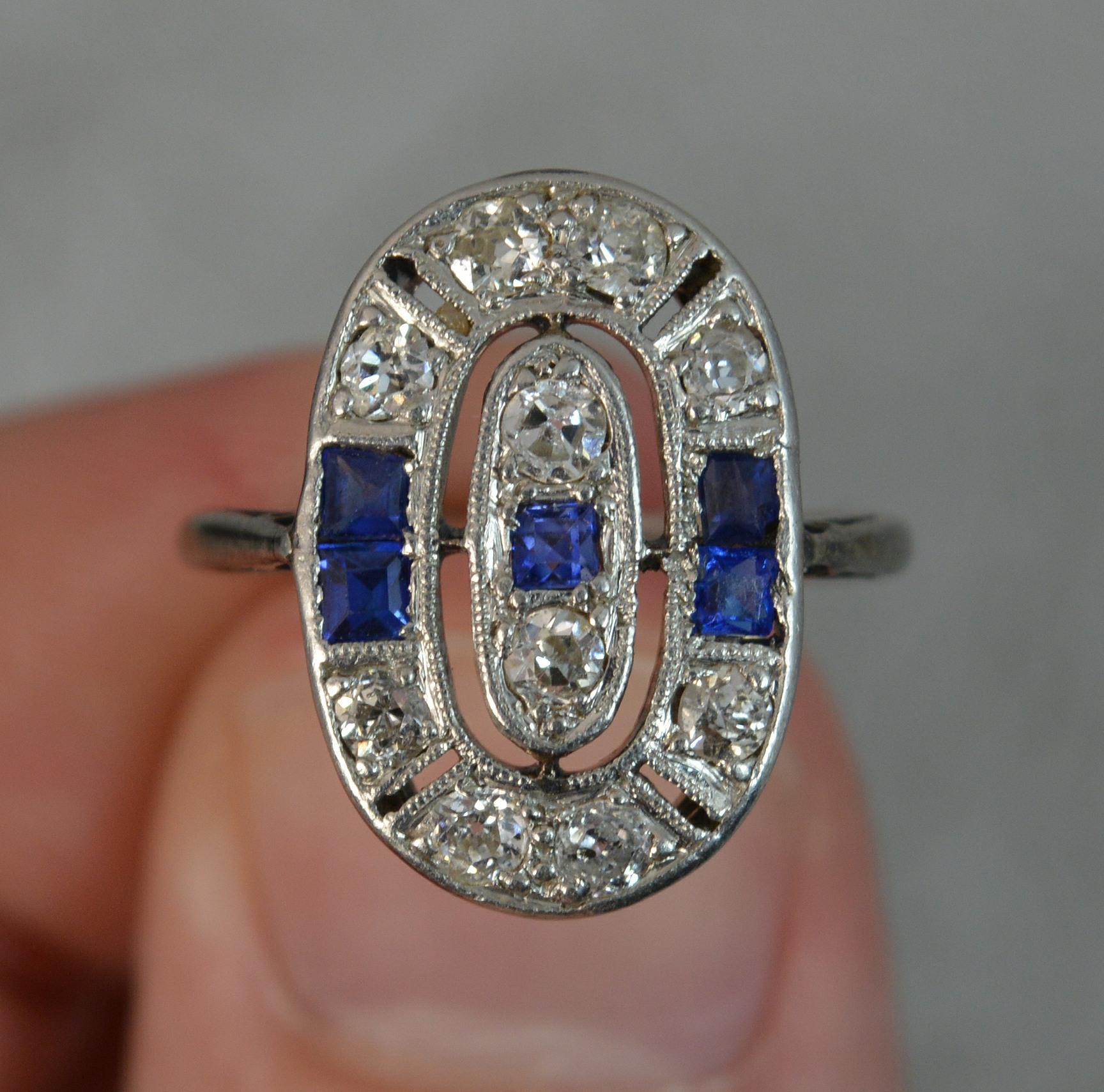 Women's Antique 18 Carat White Gold Sapphire and Diamond Panel Cluster Ring