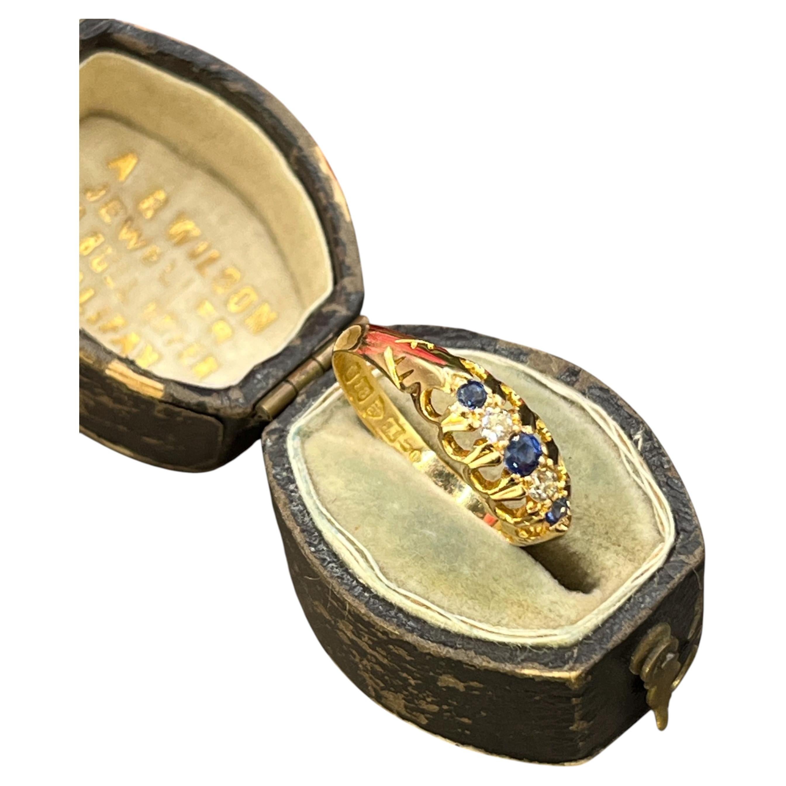 Antique 18ct Yellow Gold, 1912 Hallmarked, Sapphire & Diamond Five Stone Ring For Sale