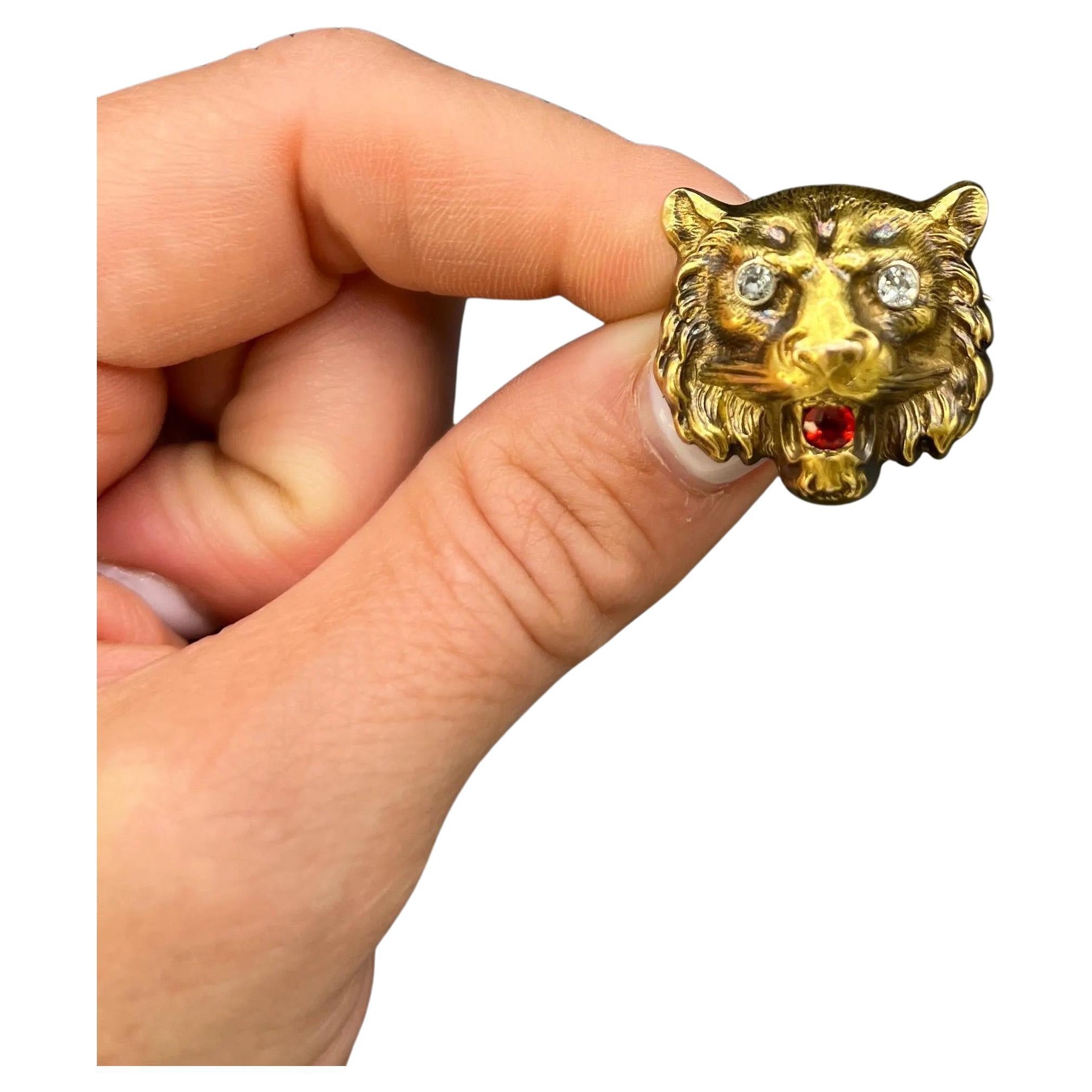 Antique 18ct Yellow Gold, 1920s Diamond & Garnet Tigers Head Brooch