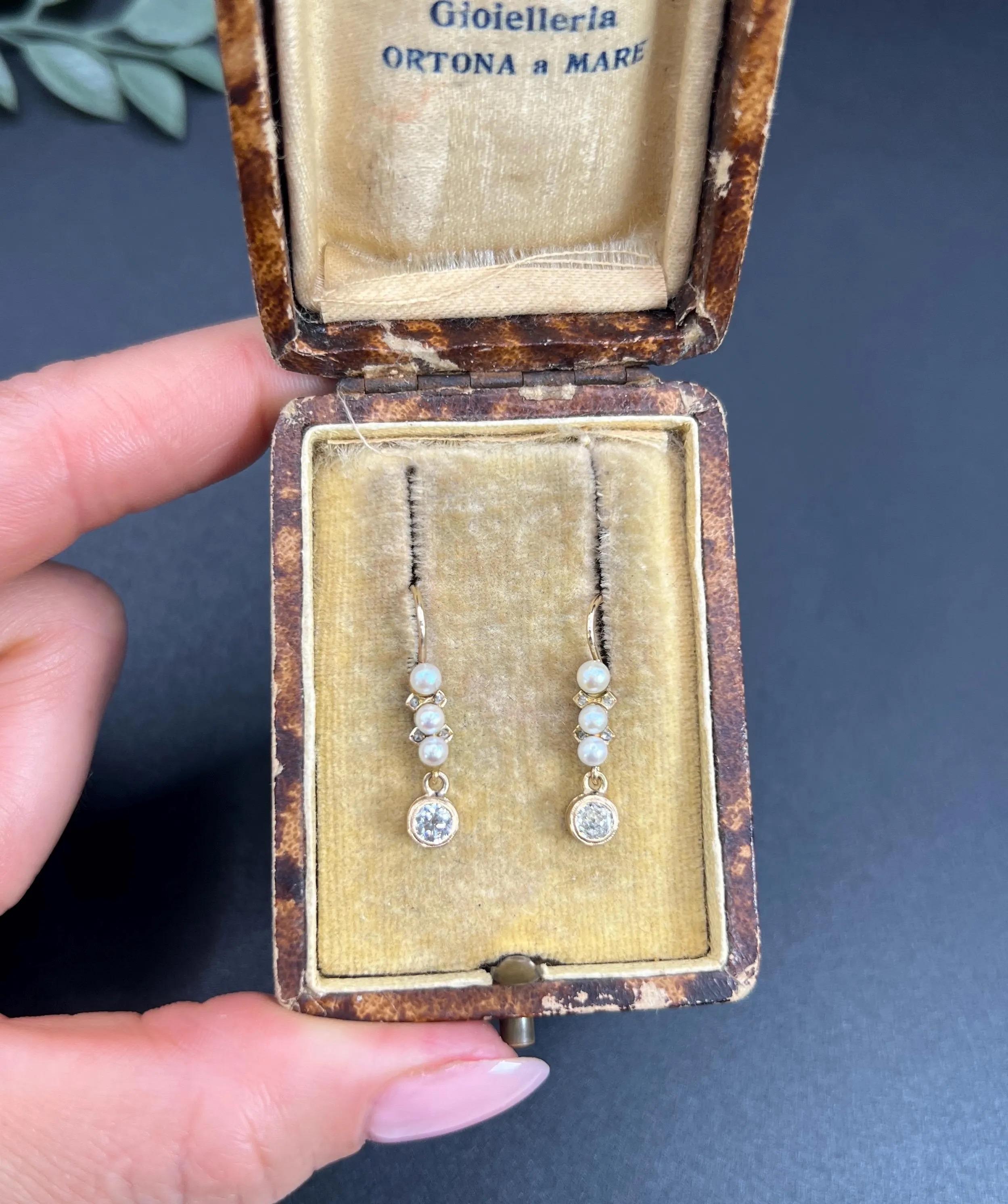 Antichi orecchini a goccia in oro giallo 18ct, 1920, con diamanti e perle in vendita 6