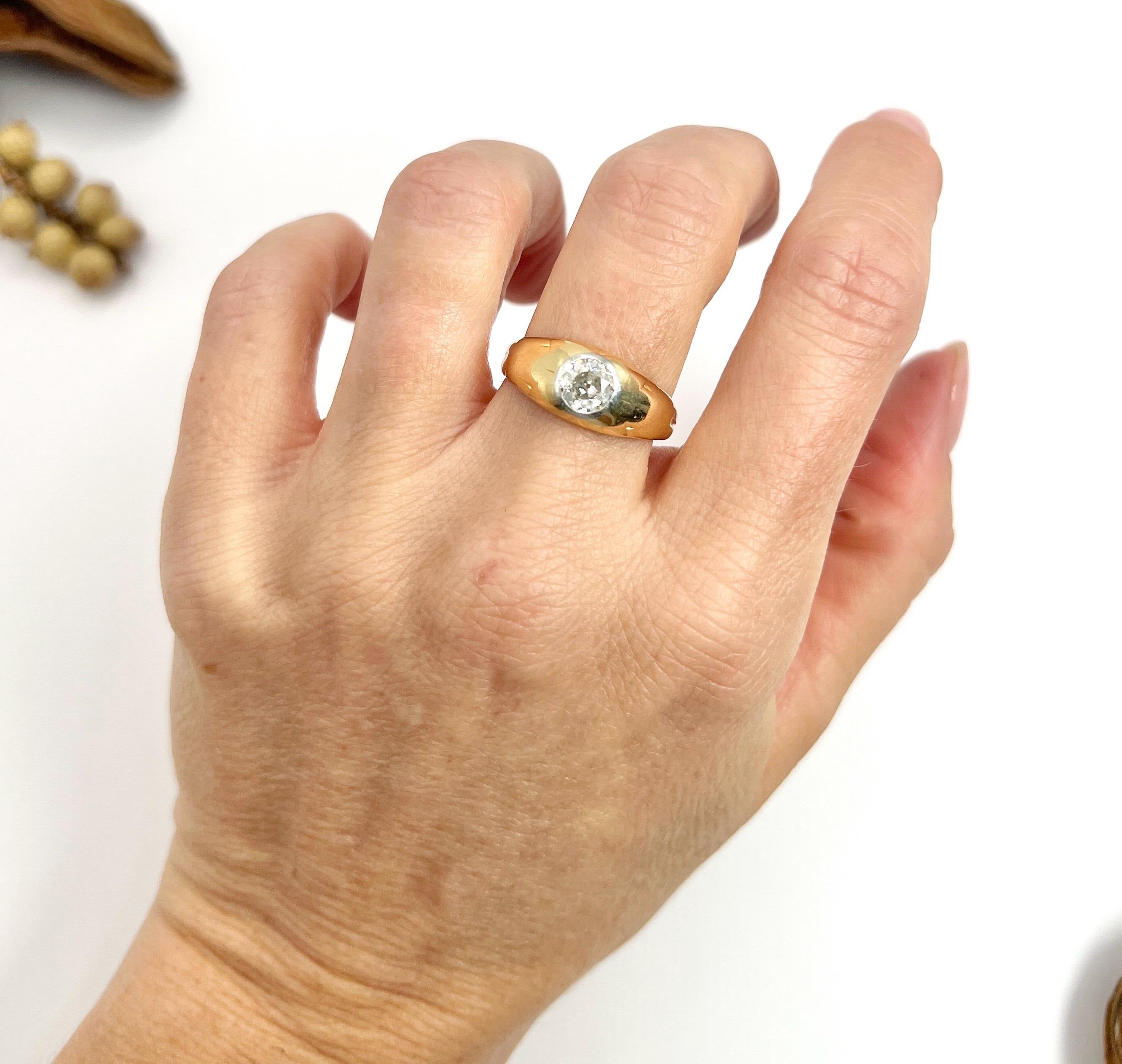 Brilliant Cut Antique 18ct Yellow Gold 1920s French Hallmarked Dome Shaped 0.85ct Diamond Ring For Sale