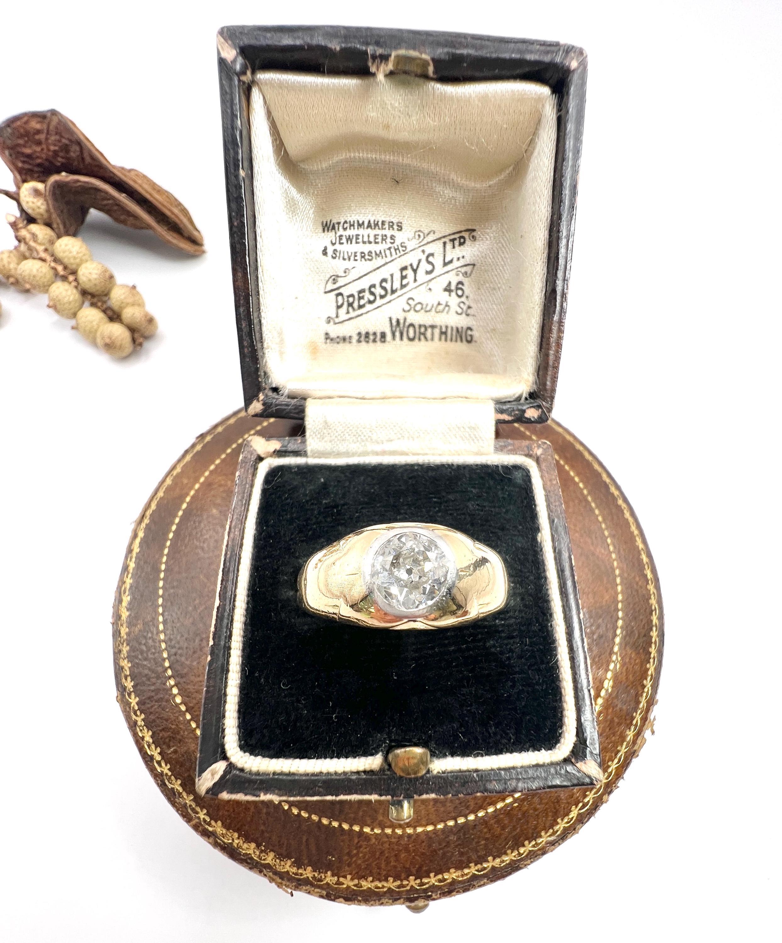 Women's or Men's Antique 18ct Yellow Gold 1920s French Hallmarked Dome Shaped 0.85ct Diamond Ring For Sale