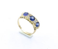 Antique 18ct Yellow Gold 3 Stone Blue Sapphire & Diamond Bridge Ring