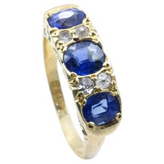 Antique 18ct Yellow Gold 3 Stone Blue Sapphire & Diamond Bridge Ring