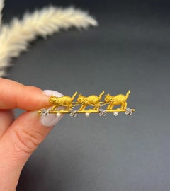 Antique 18ct Yellow Gold, Art Nouveau Diamond & Seed Pearl 3 Cat Brooch