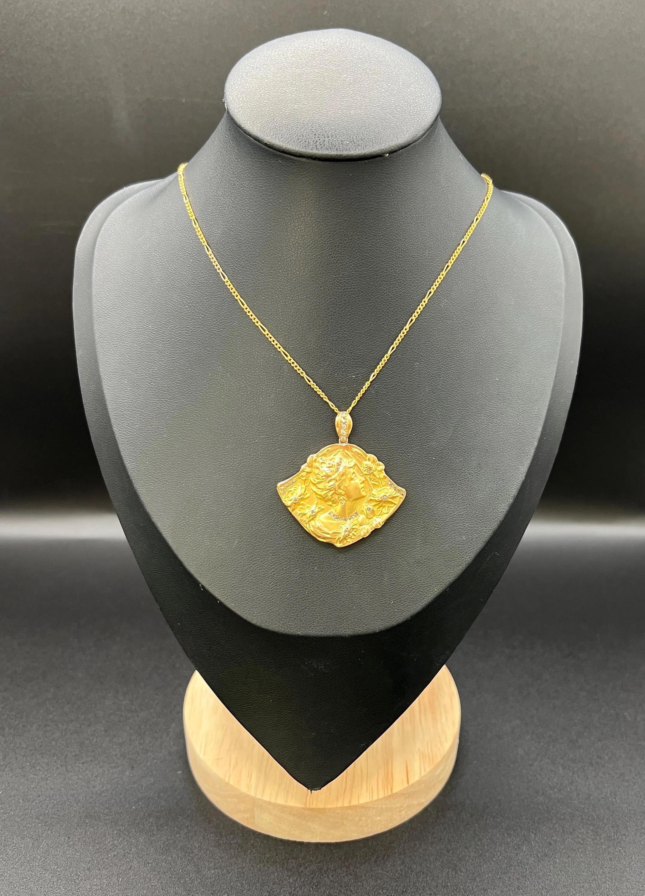 Rose Cut Antique 18ct Yellow Gold, Art Nouveau Repousse Diamond Set Lady Portrait Pendant For Sale