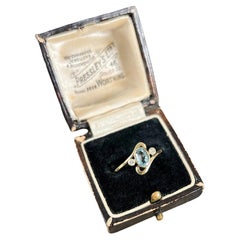 Antique 18ct Yellow Gold, Art Nouveau Three Stone Aquamarine 
Diamond Ring