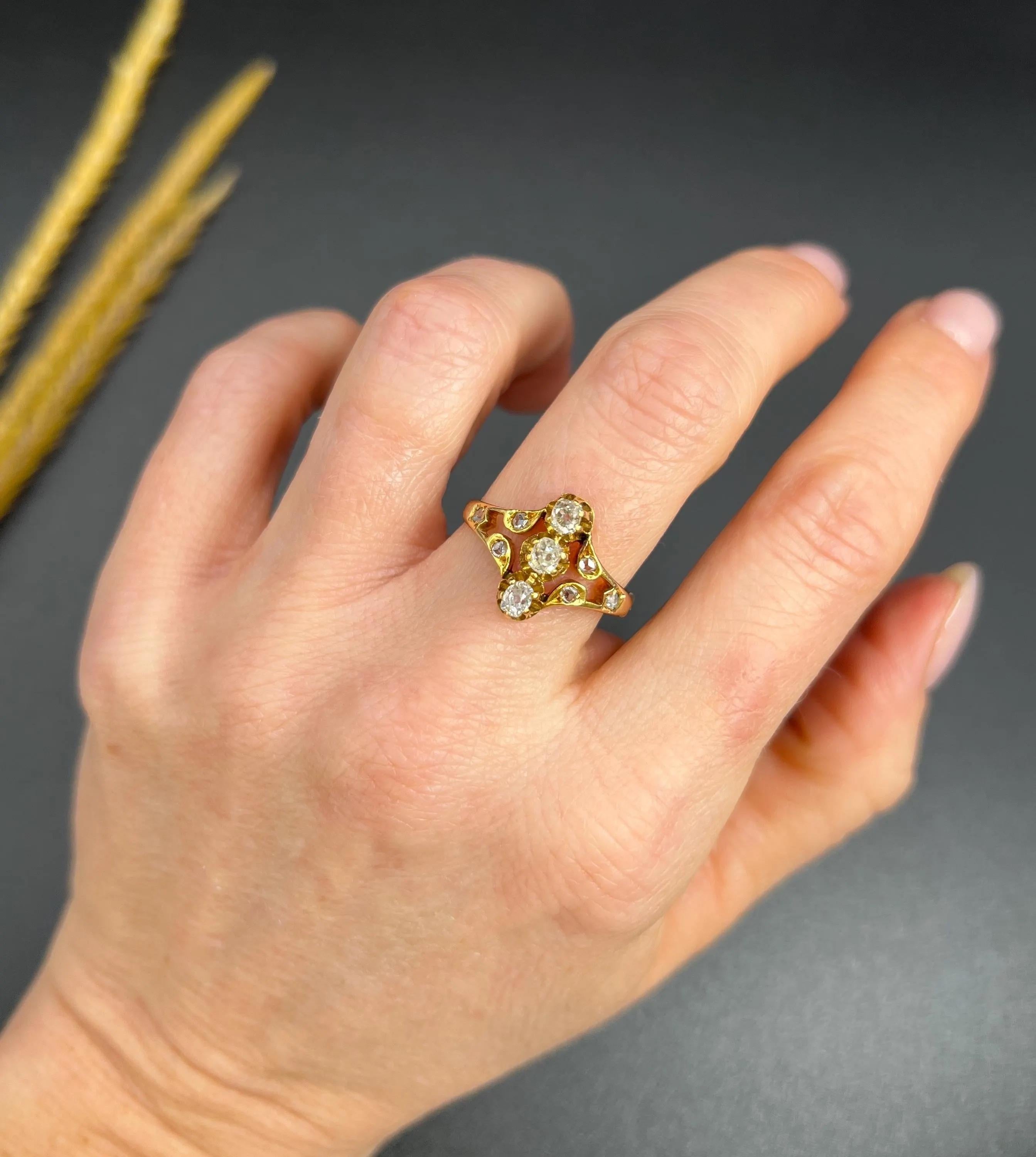 Antique Art Nouveau Ring 

18ct Yellow Gold

Circa 1900

Experience the elegance of a bygone era with this stunning Art Nouveau statement ring. It features an exquisite open-work design that beautifully captures the artistic flair of the period.

At