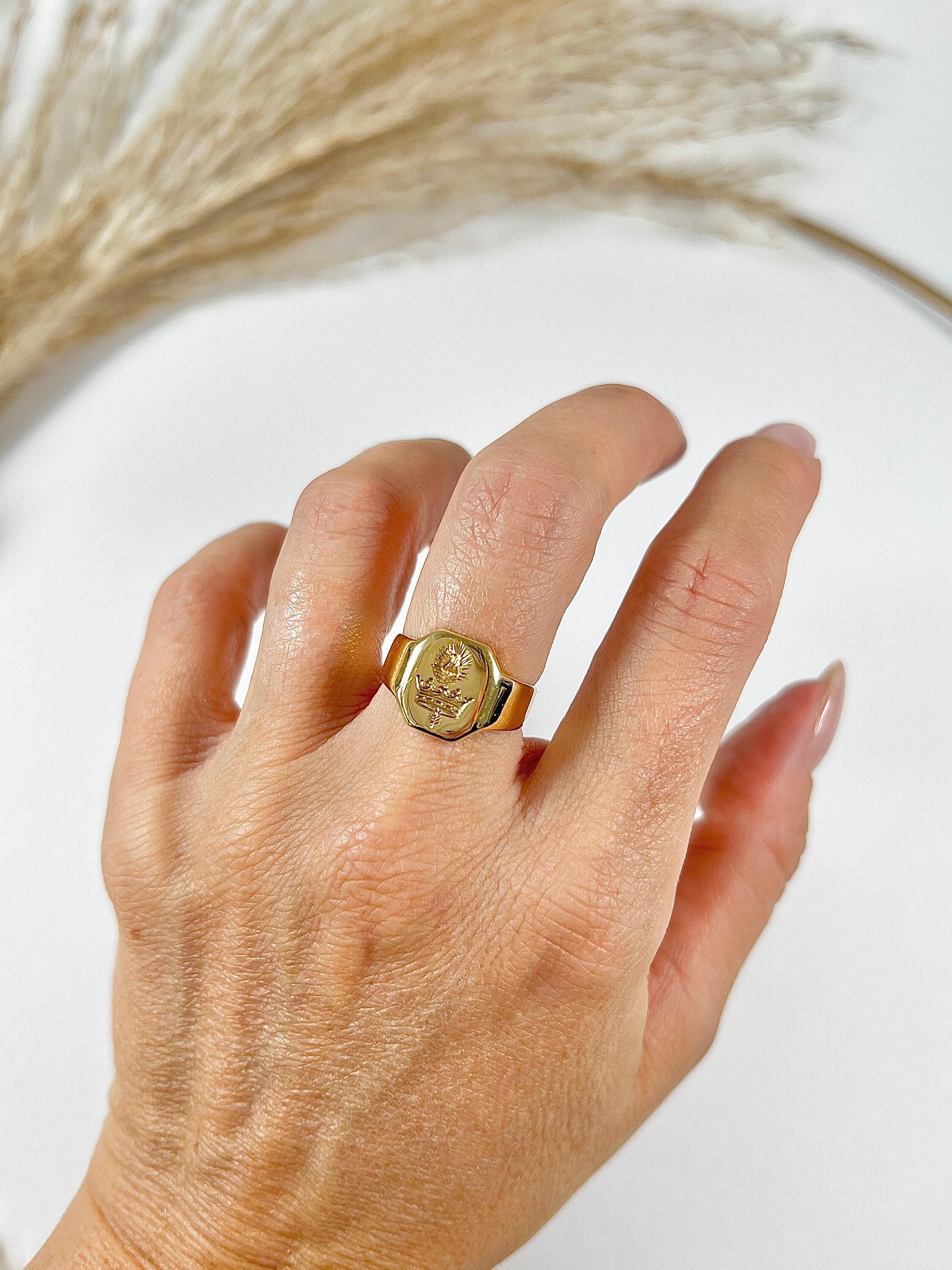 Antiker 18ct Gelbgold, Kronenfeder Familienwappen Intaglio Siegelring für Damen oder Herren
