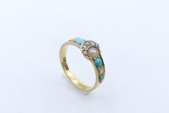 Antique 18ct Yellow Gold Diamond Turquoise & Pearl Buckle Ring