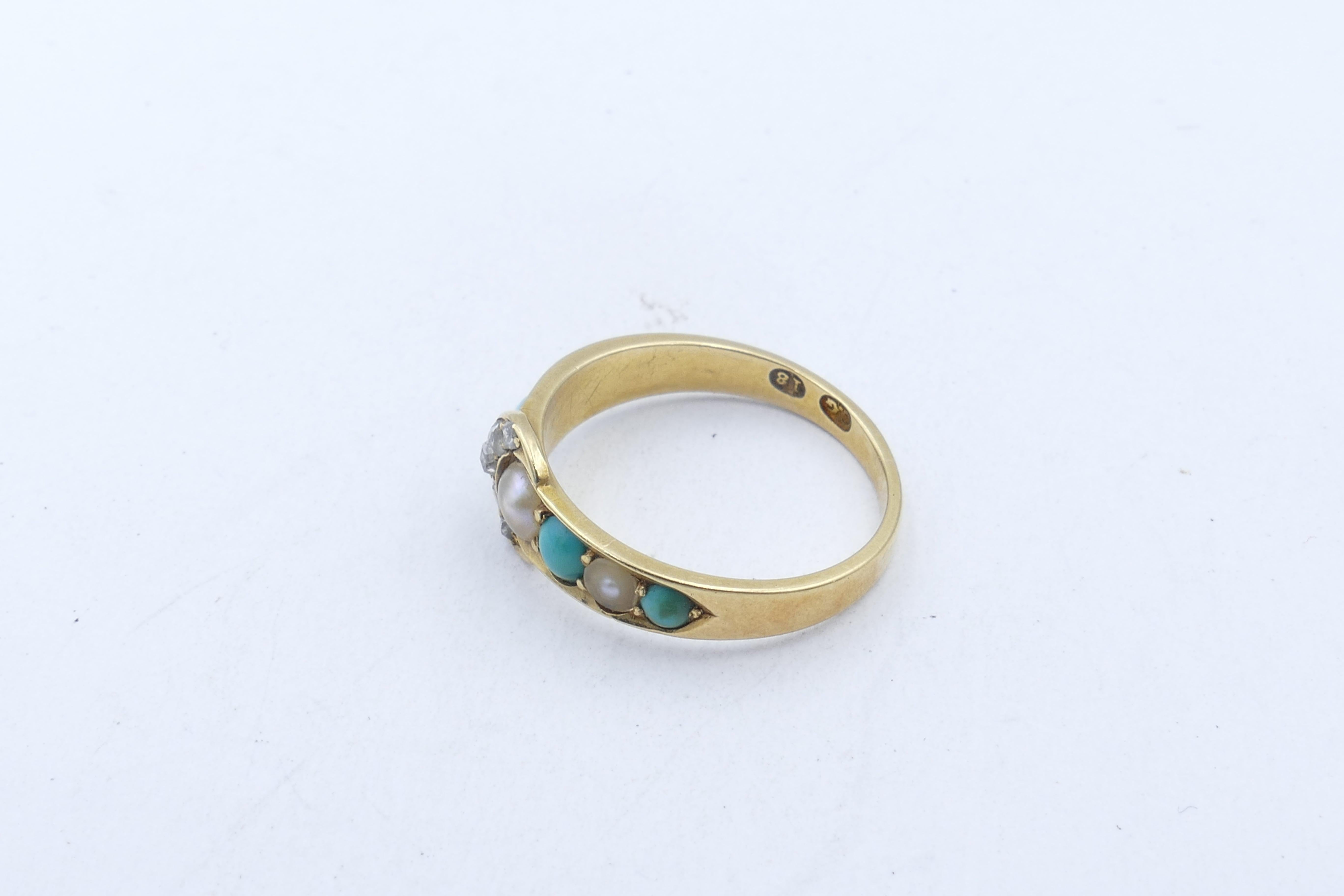 Victorian Antique 18ct Yellow Gold Diamond Turquoise & Pearl Buckle Ring For Sale