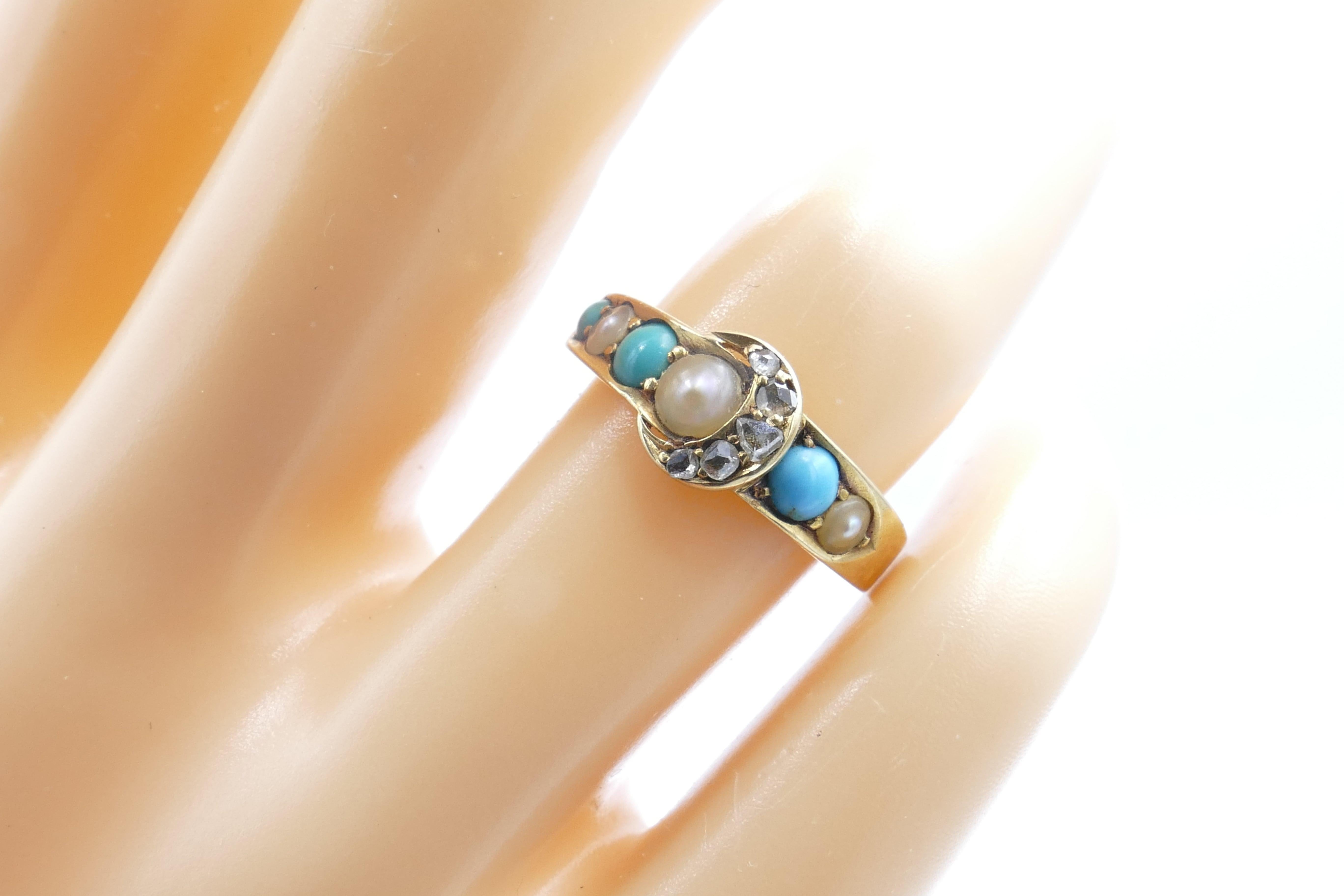 Antique 18ct Yellow Gold Diamond Turquoise & Pearl Buckle Ring In Good Condition For Sale In Splitter's Creek, NSW