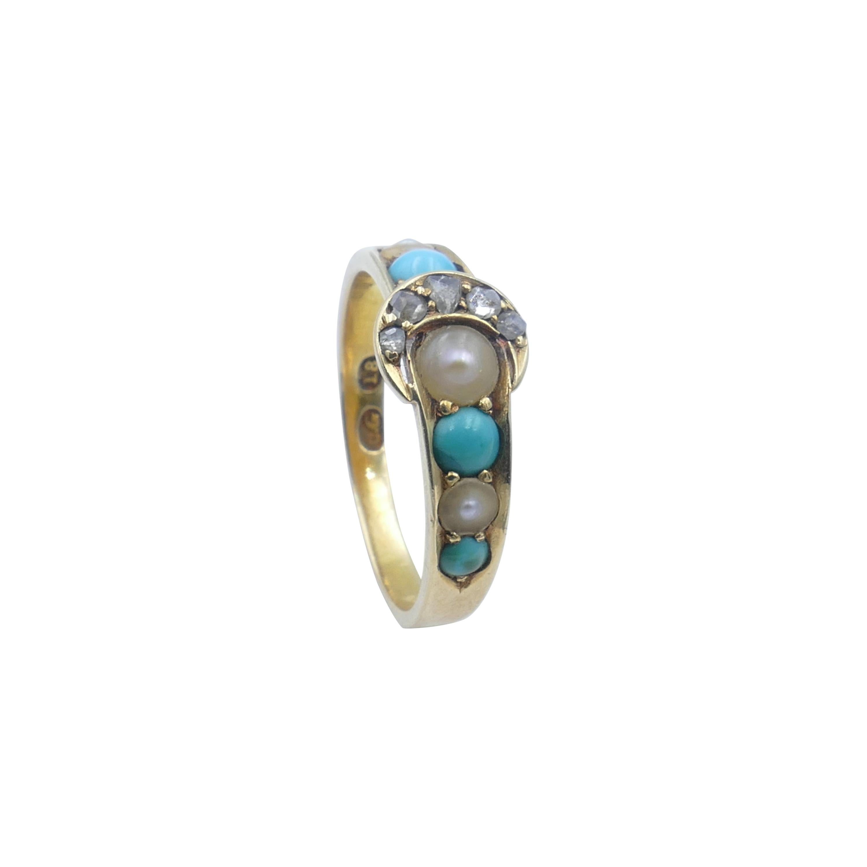 Antique 18ct Yellow Gold Diamond Turquoise & Pearl Buckle Ring For Sale