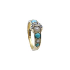 Antique 18ct Yellow Gold Diamond Turquoise & Pearl Buckle Ring