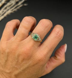 Antique 18ct Yellow Gold Early Victorian Emerald and Diamond Square Cluster Ring