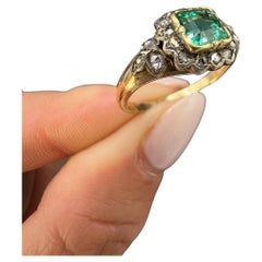 Antique 18ct Yellow Gold Early Victorian Emerald and Diamond Square Cluster Ring