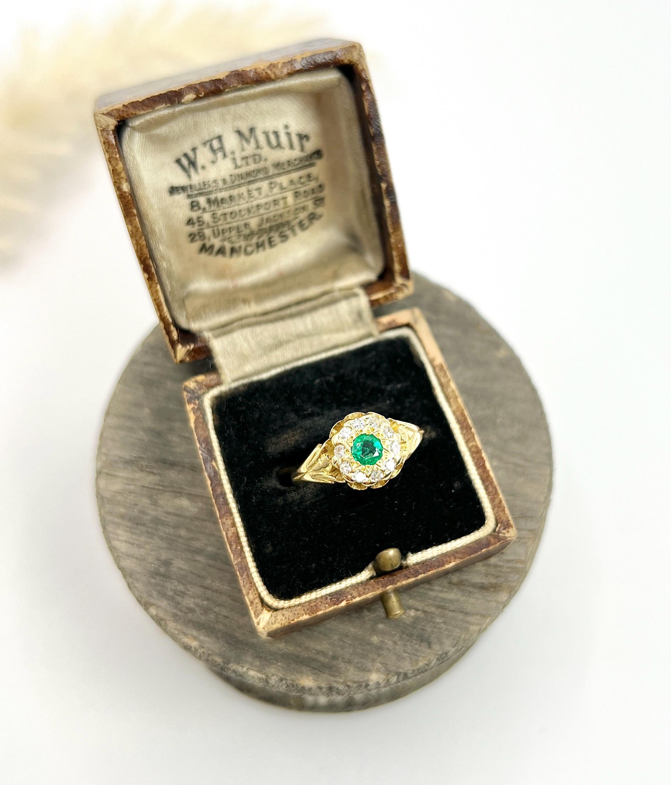 Antiker runder Cluster-Ring aus 18 Karat Gelbgold, edwardianischem Smaragd und Diamant im Angebot 2