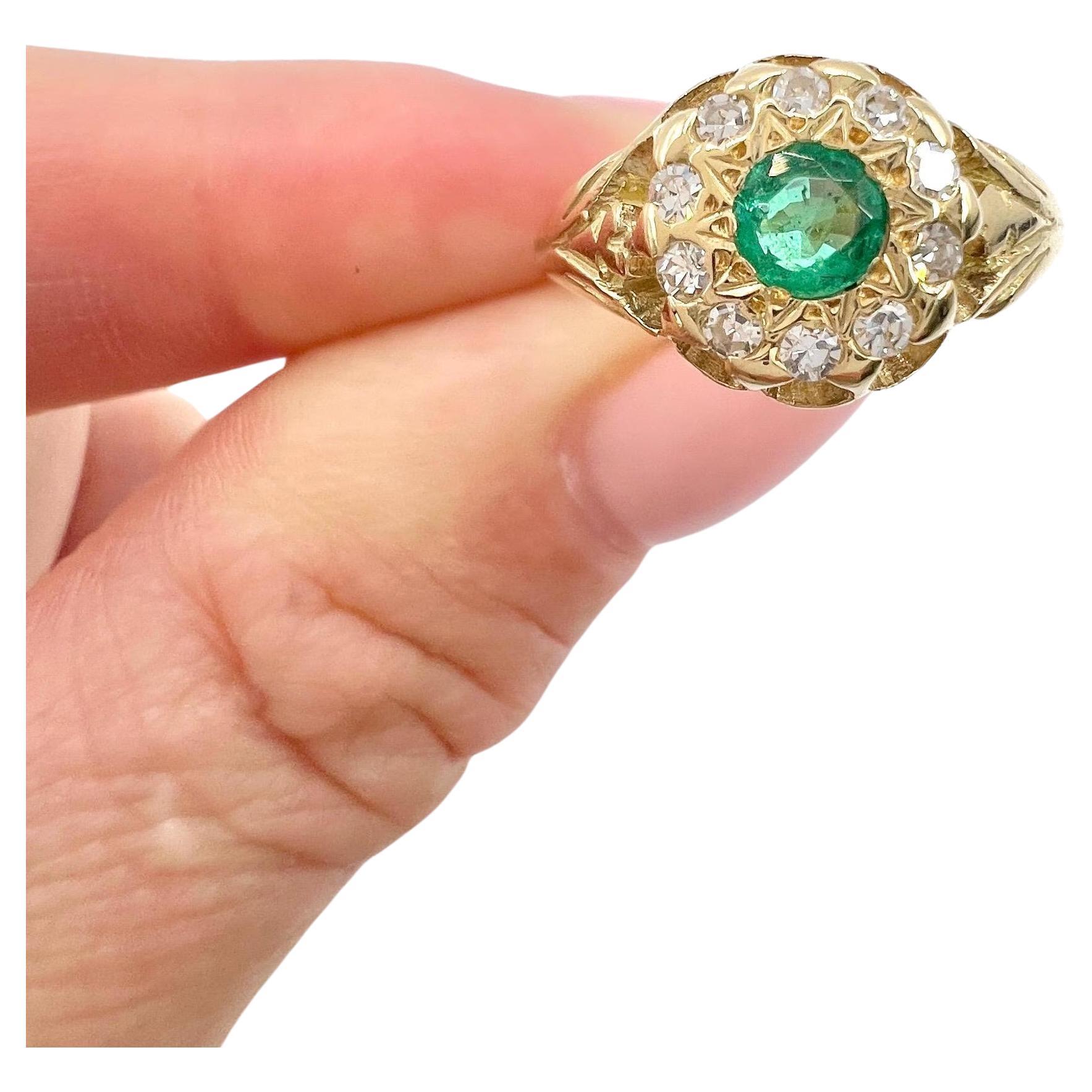 Antique 18ct Yellow Gold, Edwardian Emerald and Diamond Round Cluster Ring