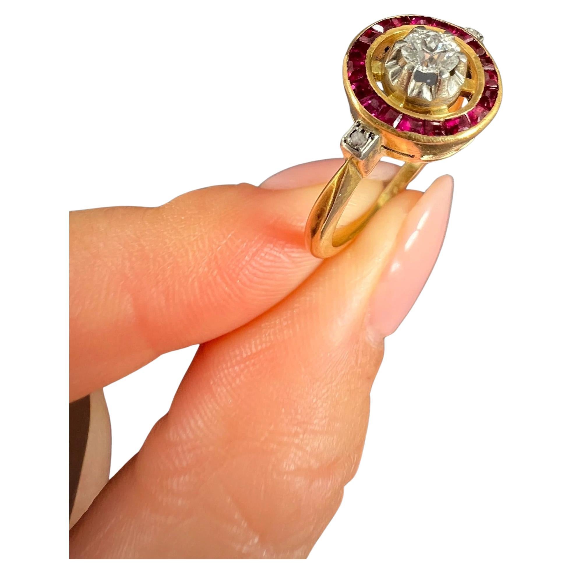 Antique 18ct Yellow Gold, Edwardian era Calibrated Ruby & Diamond Target Ring