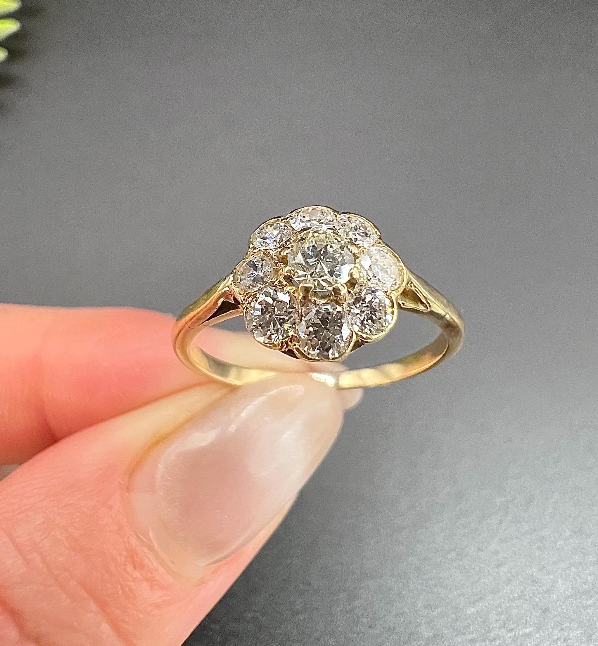 Bague marguerite ancienne en diamant 

Or jaune 18ct

Remontez le temps avec cette exquise bague à grappes de l'époque édouardienne, méticuleusement réalisée en luxueux or jaune 18ct. Le design époustouflant présente des diamants naturels élégamment