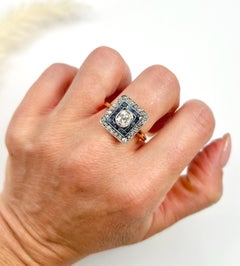 Antique 18ct Yellow Gold, Edwardian era Square Sapphire and Diamond Target Ring