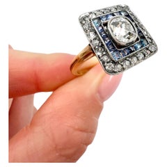 Antique 18ct Yellow Gold, Edwardian era Square Sapphire and Diamond Target Ring