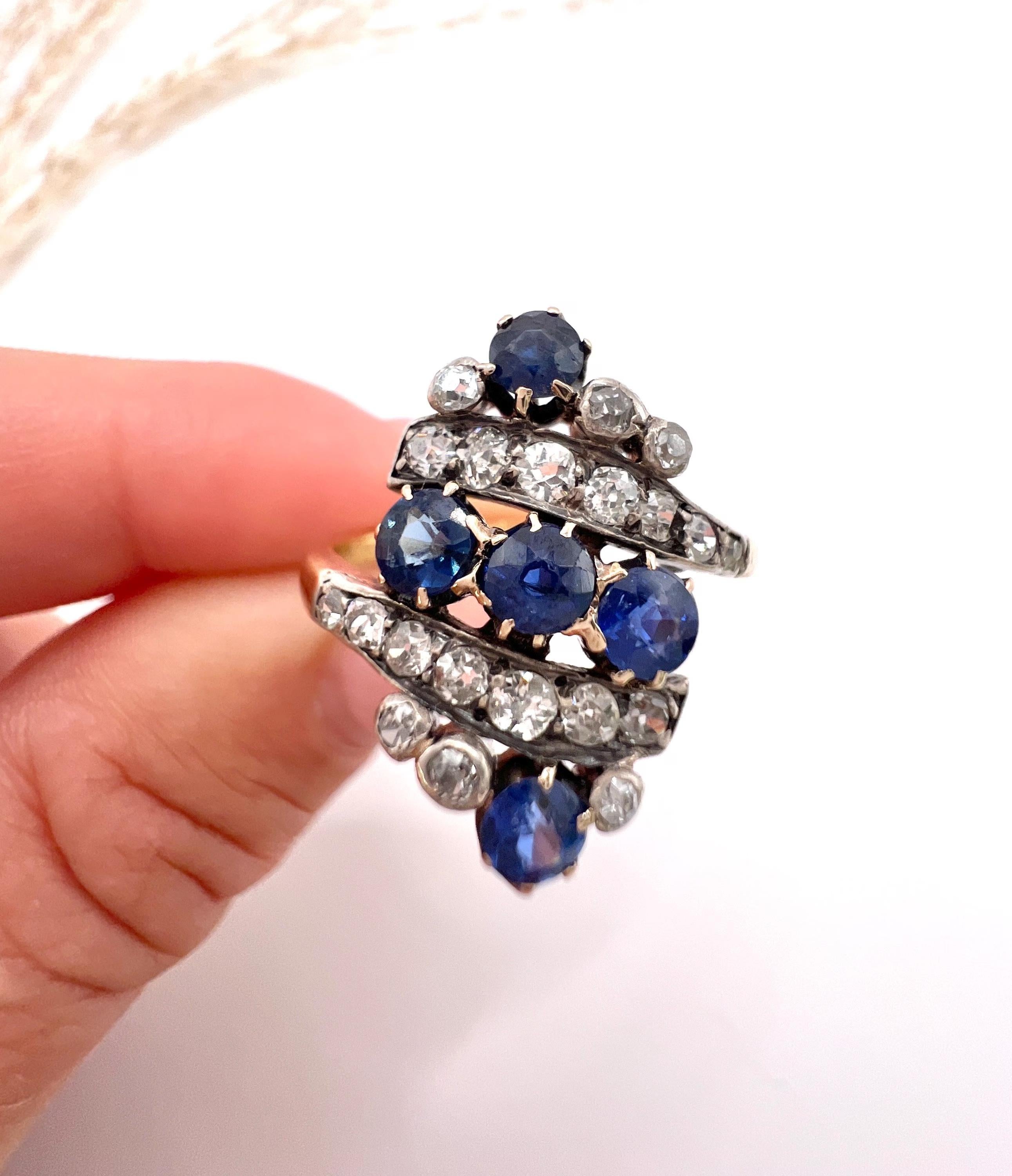 Bague ancienne en or jaune 18ct, Edwardienne, saphir naturel et diamant Marquise en vente 4