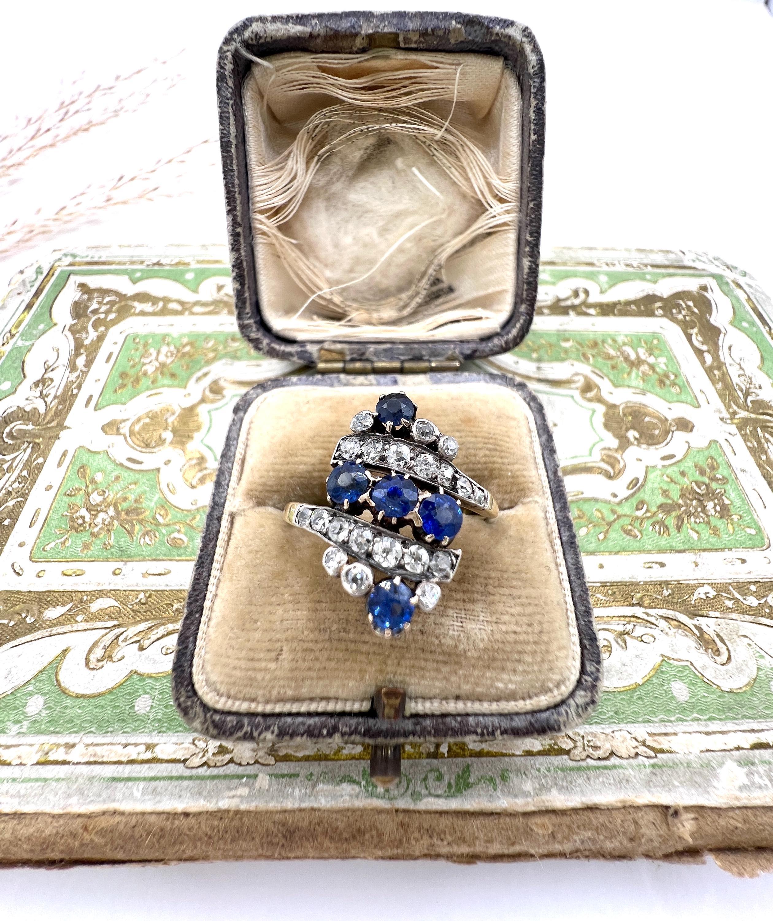 Bague ancienne en or jaune 18ct, Edwardienne, saphir naturel et diamant Marquise en vente 5
