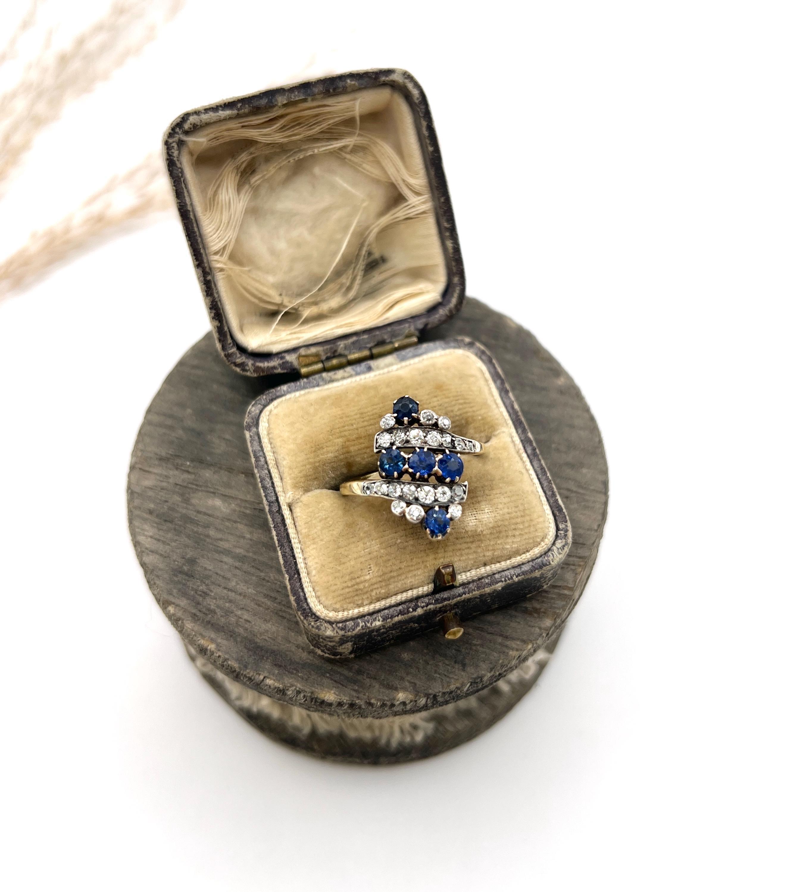 Édouardien Bague ancienne en or jaune 18ct, Edwardienne, saphir naturel et diamant Marquise en vente