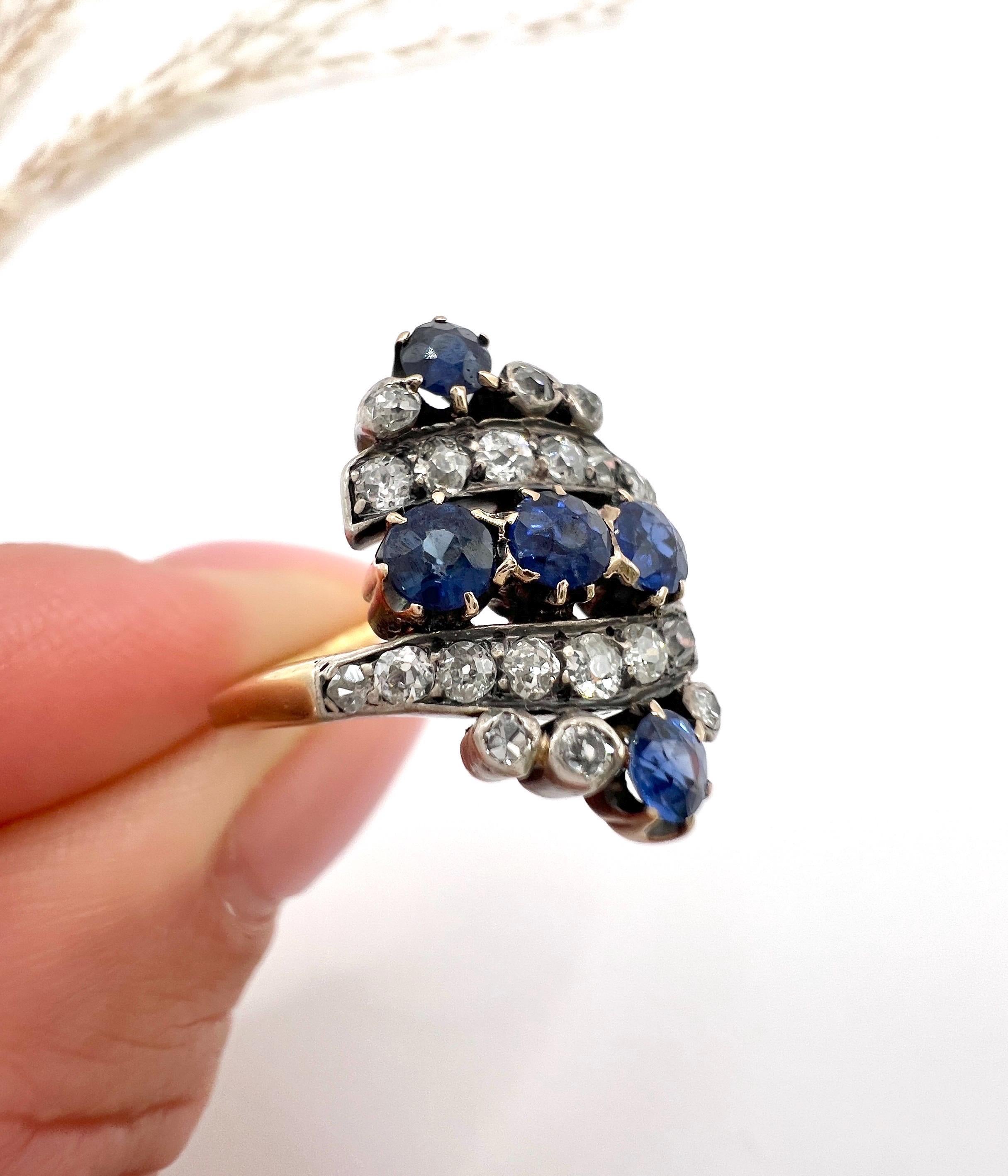 Bague ancienne en or jaune 18ct, Edwardienne, saphir naturel et diamant Marquise en vente 1