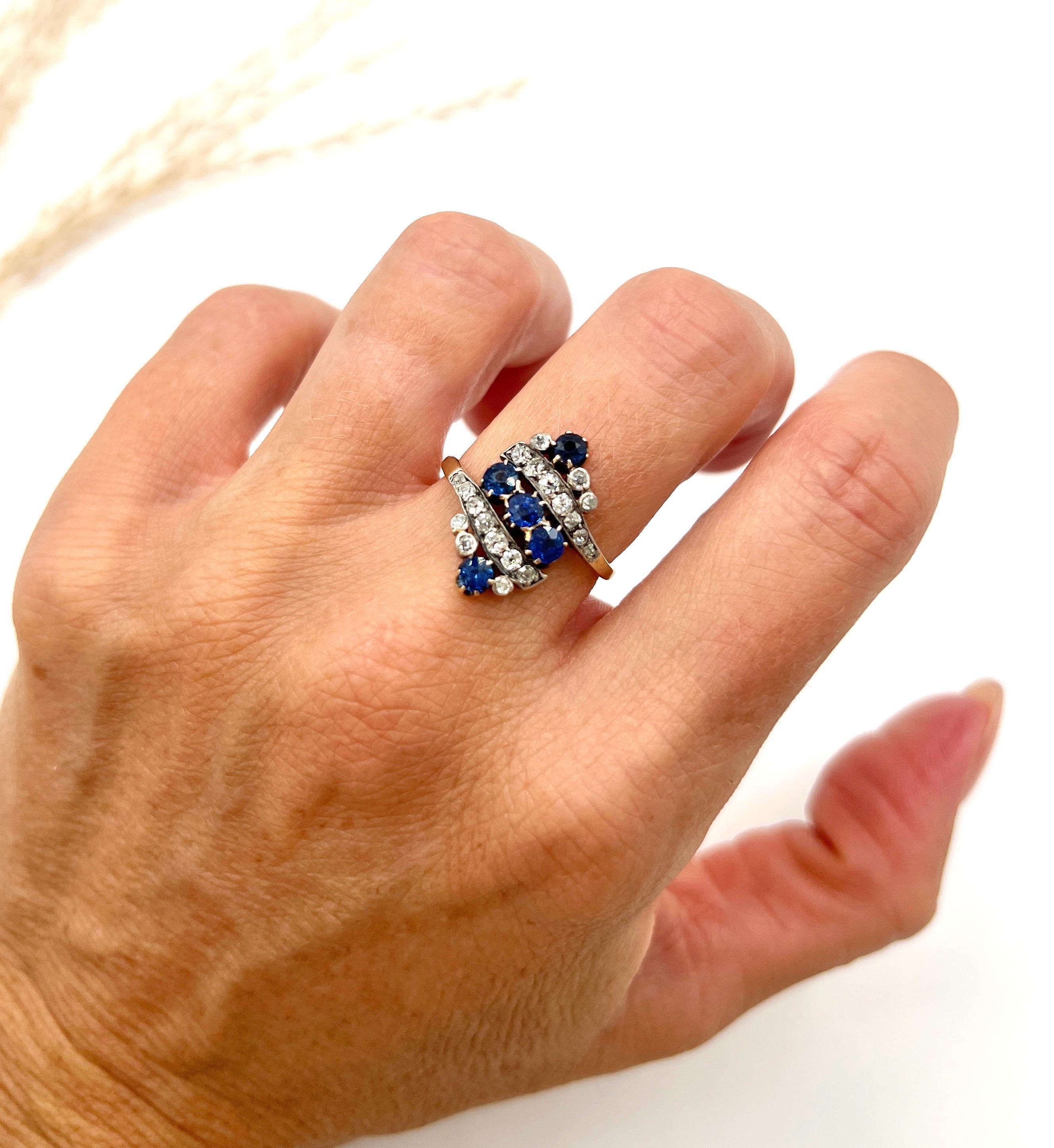 Bague ancienne en or jaune 18ct, Edwardienne, saphir naturel et diamant Marquise en vente 3
