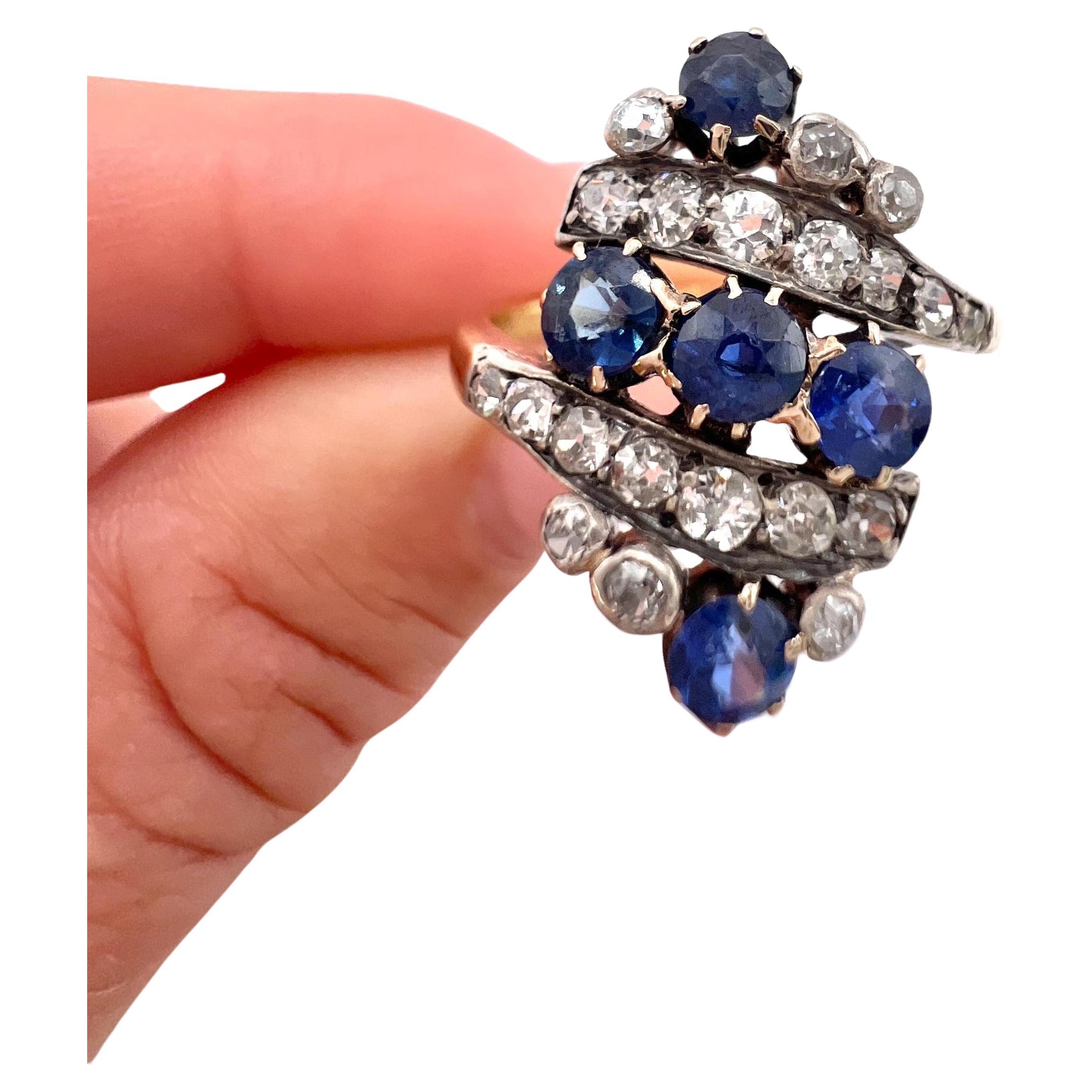 Bague ancienne en or jaune 18ct, Edwardienne, saphir naturel et diamant Marquise
