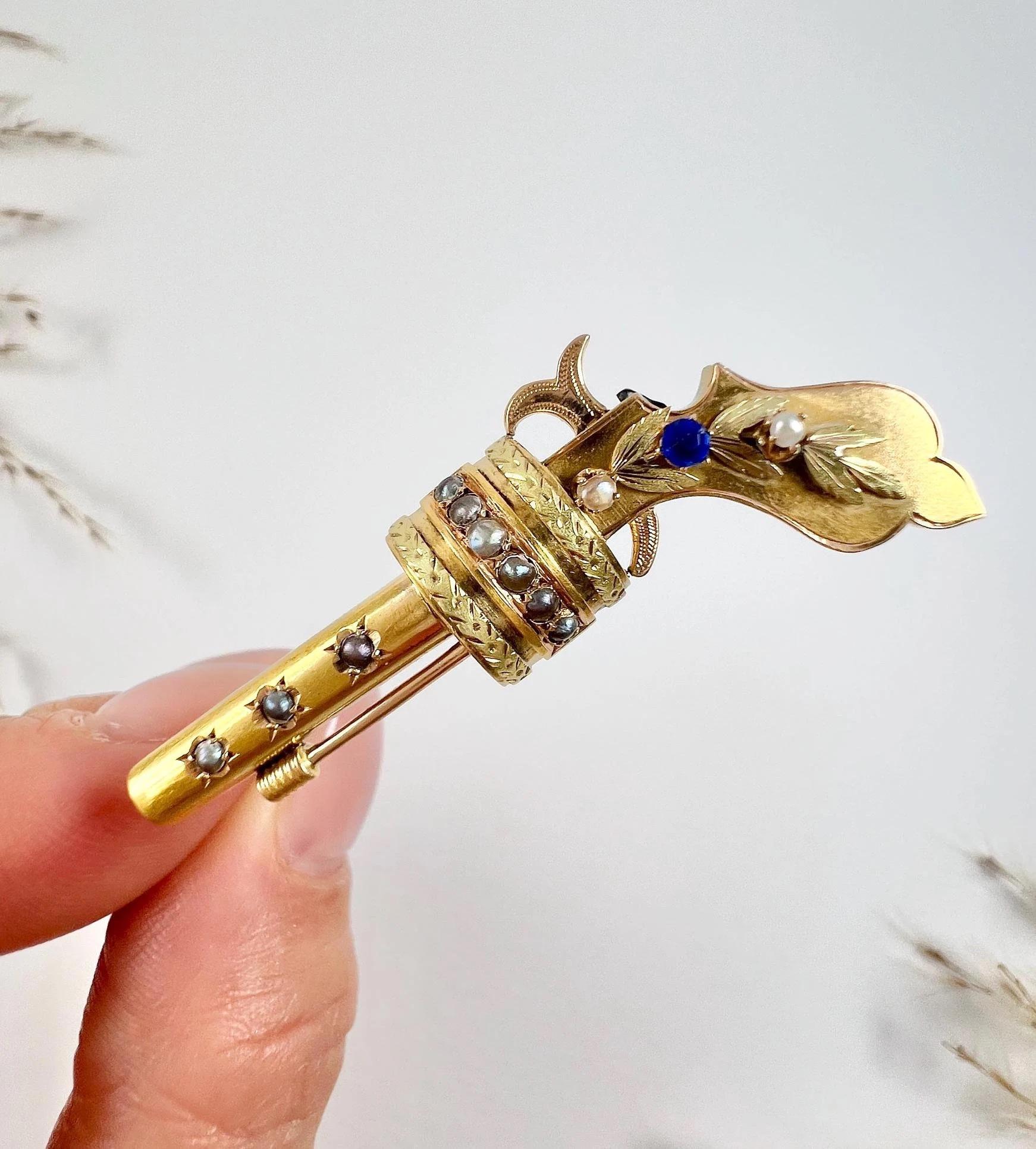 Femenino o masculino Antiguo broche pistola eduardiano de oro amarillo de 18 ct con perlas naturales