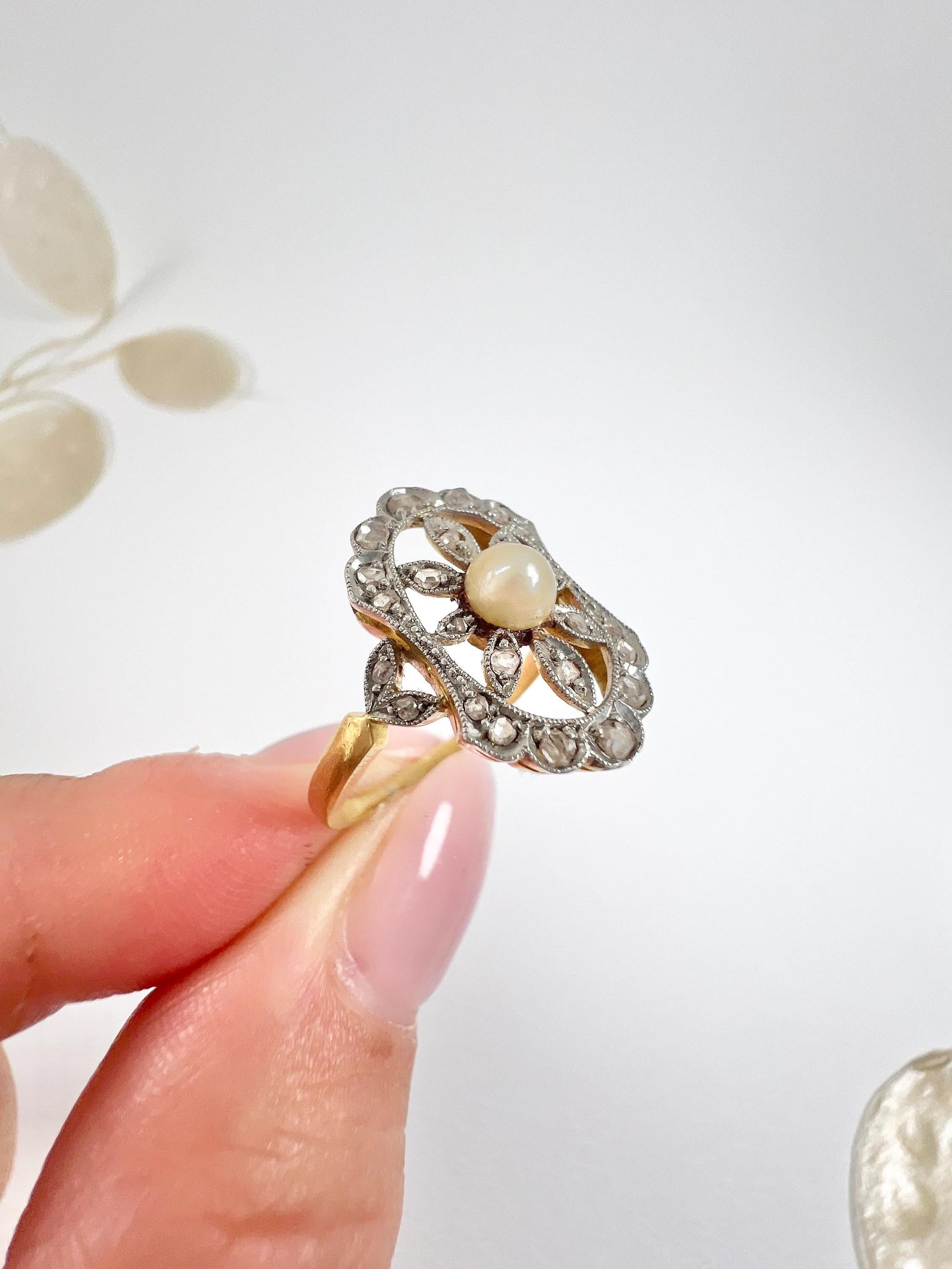 Antique 18ct Yellow Gold Edwardian Pearl & Diamond Flower Ring For Sale 4