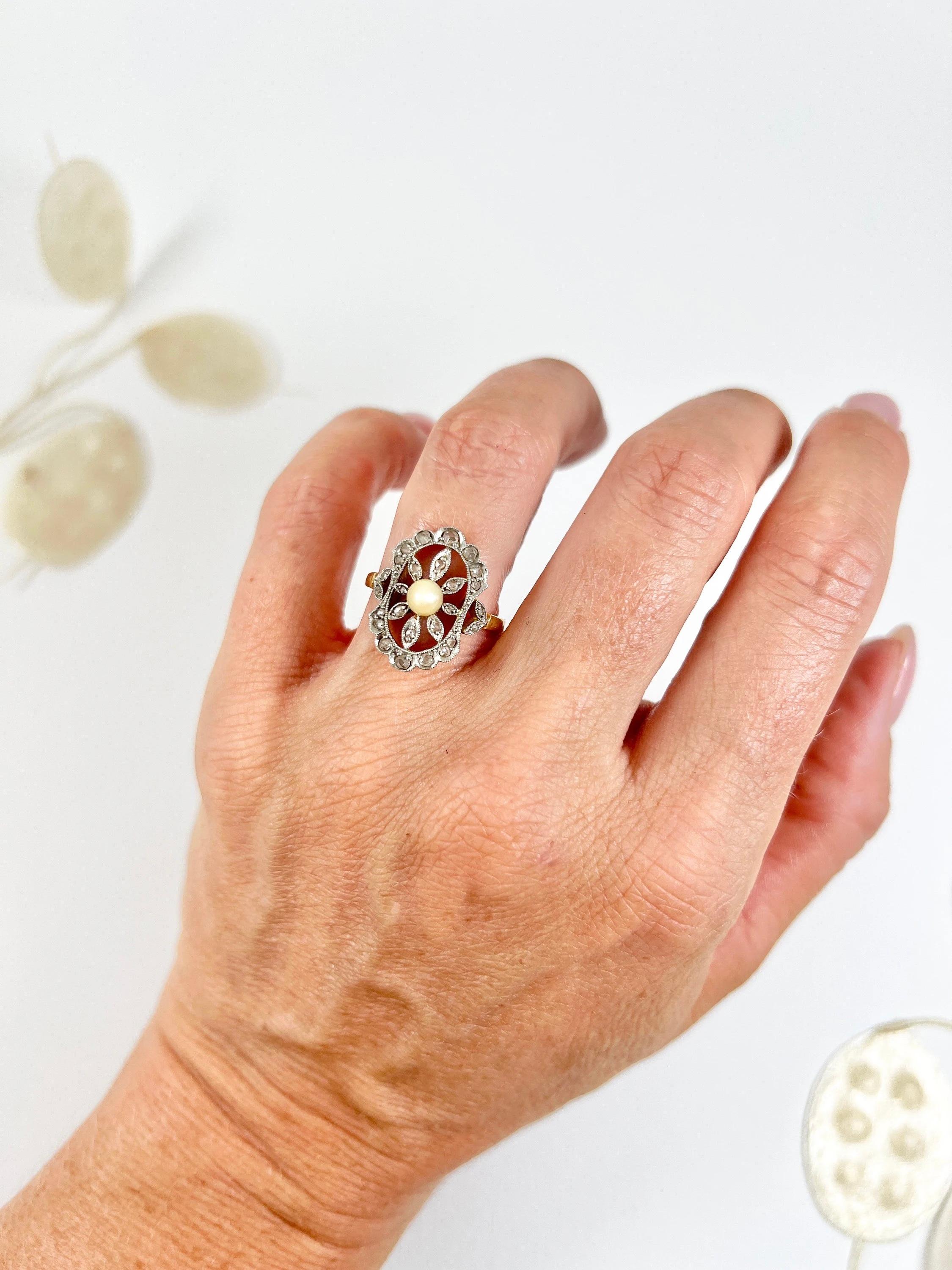 Antique 18ct Yellow Gold Edwardian Pearl & Diamond Flower Ring For Sale 6