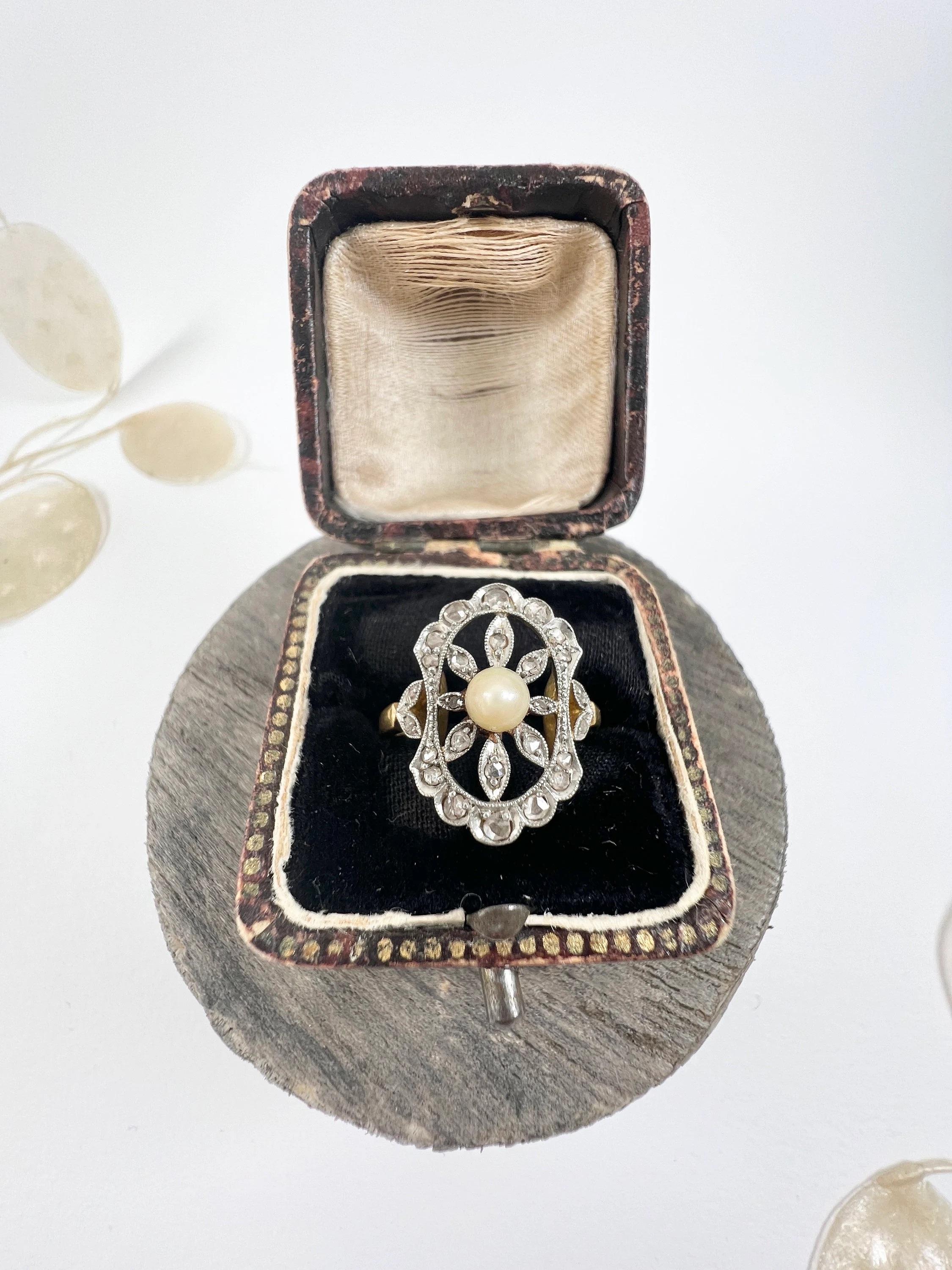 Rose Cut Antique 18ct Yellow Gold Edwardian Pearl & Diamond Flower Ring For Sale