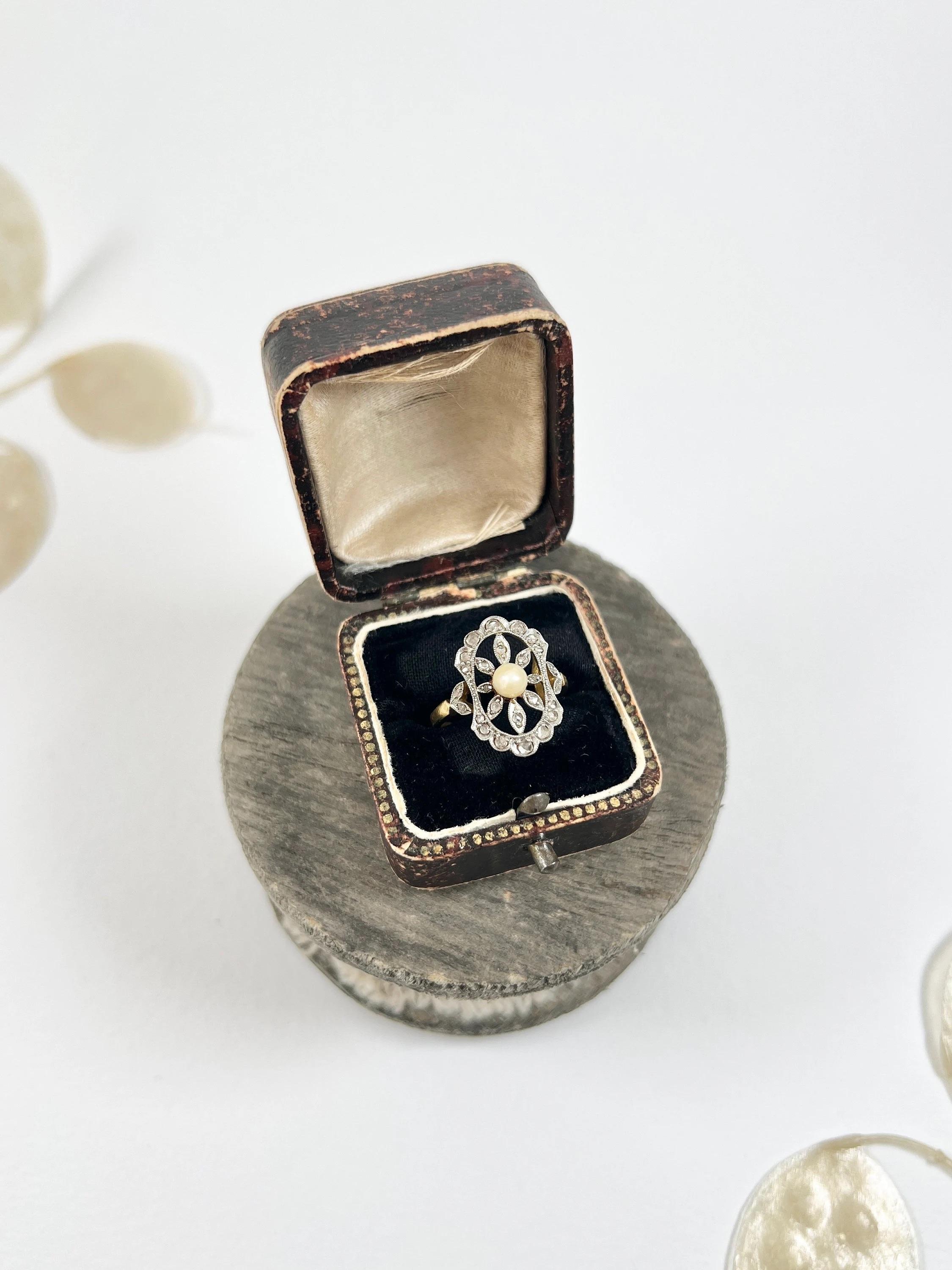 Antique 18ct Yellow Gold Edwardian Pearl & Diamond Flower Ring For Sale 1