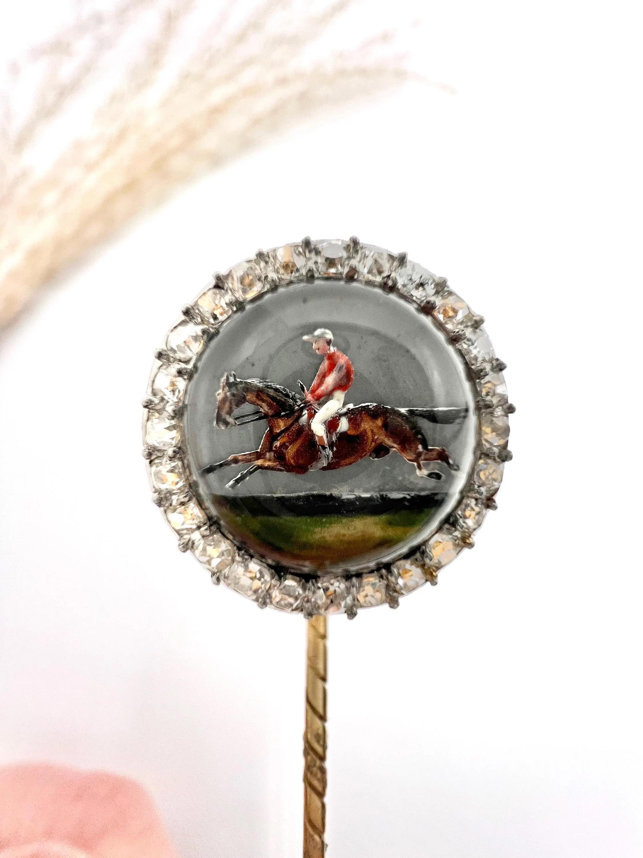 Antique 18ct Yellow Gold, Edwardian Race Horse, Essex Glass & Diamond Stick Pin For Sale 5