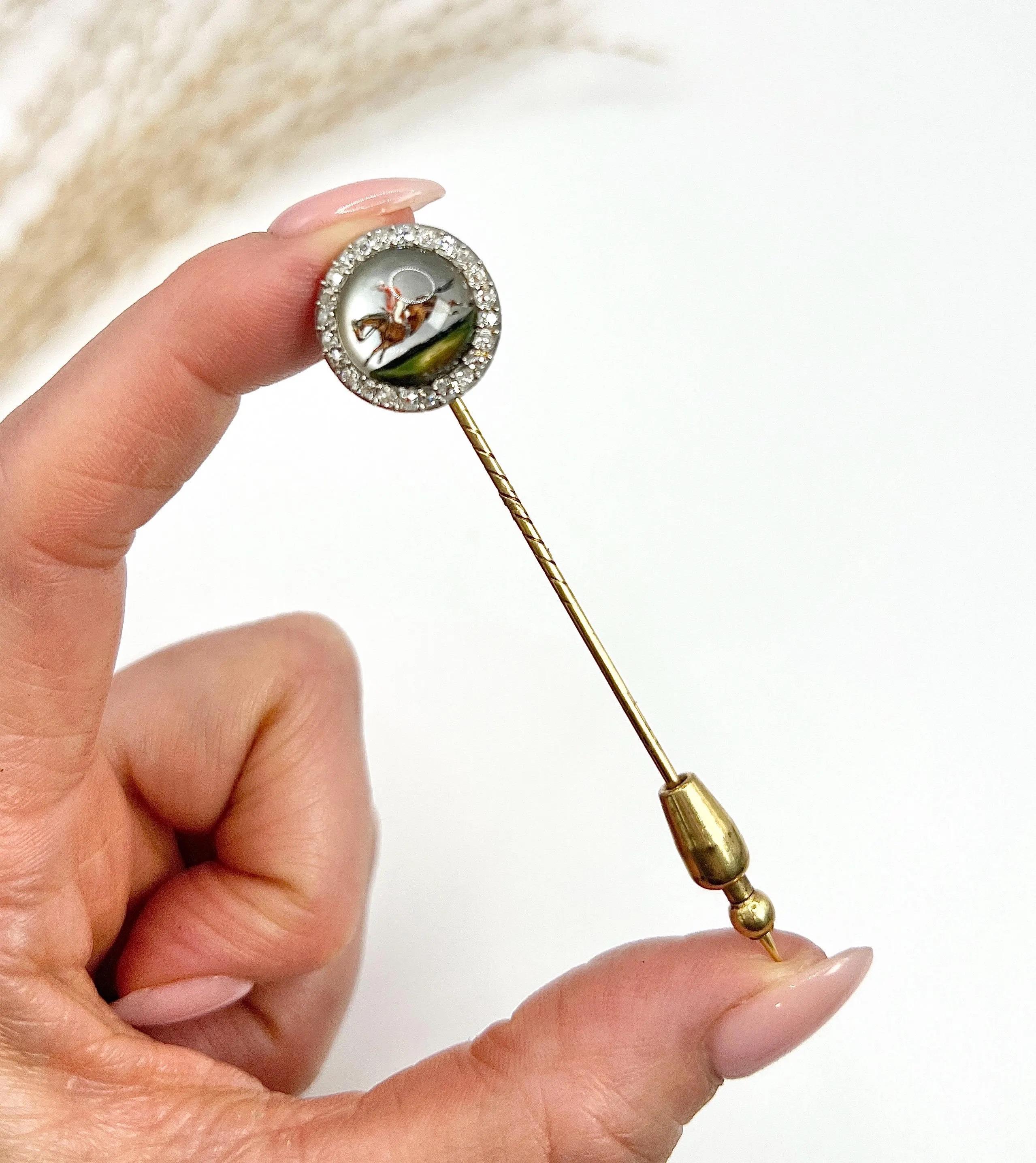 Antique 18ct Yellow Gold, Edwardian Race Horse, Essex Glass & Diamond Stick Pin For Sale 6