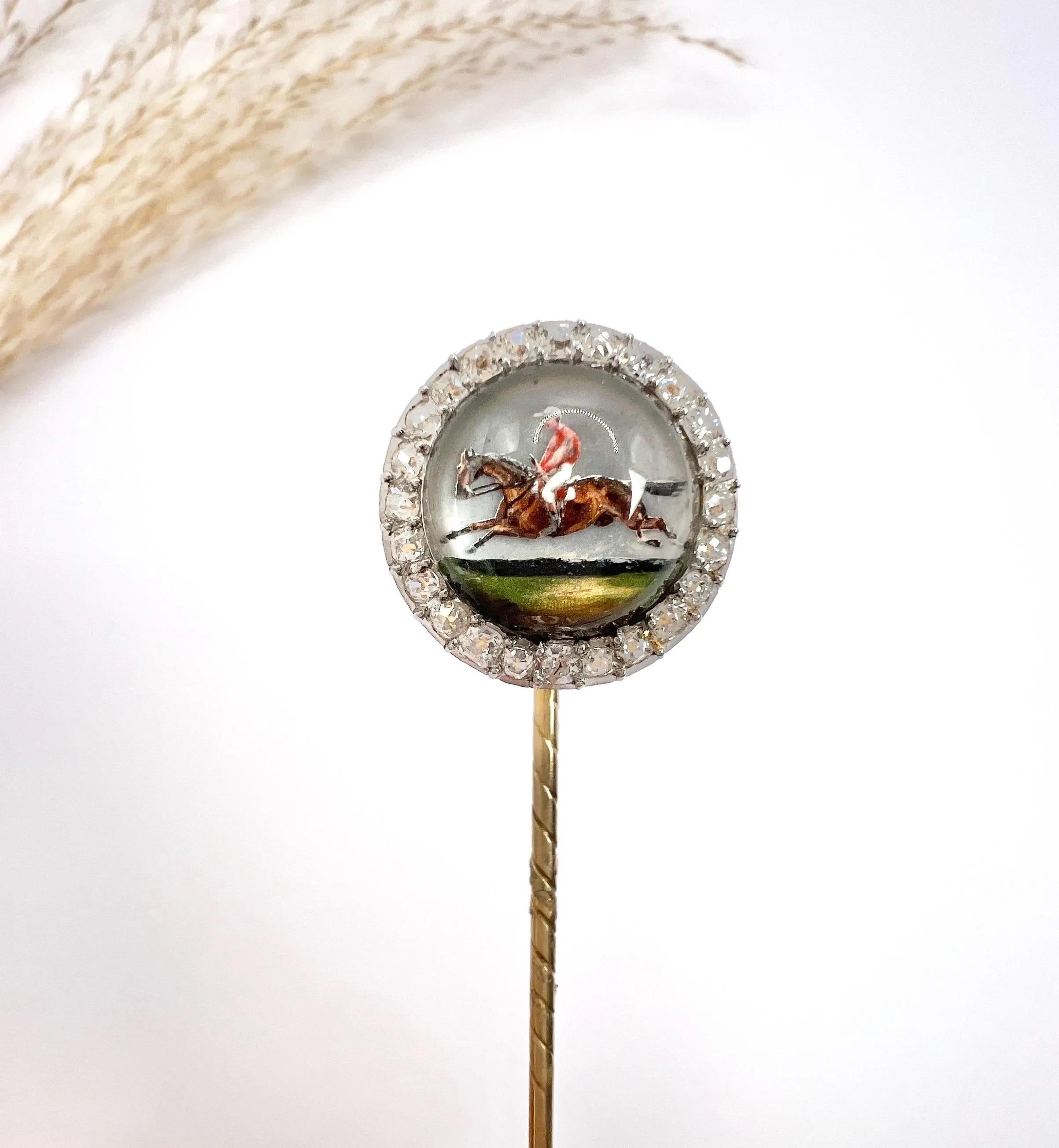 Antique 18ct Yellow Gold, Edwardian Race Horse, Essex Glass & Diamond Stick Pin In Good Condition For Sale In Brighton, GB