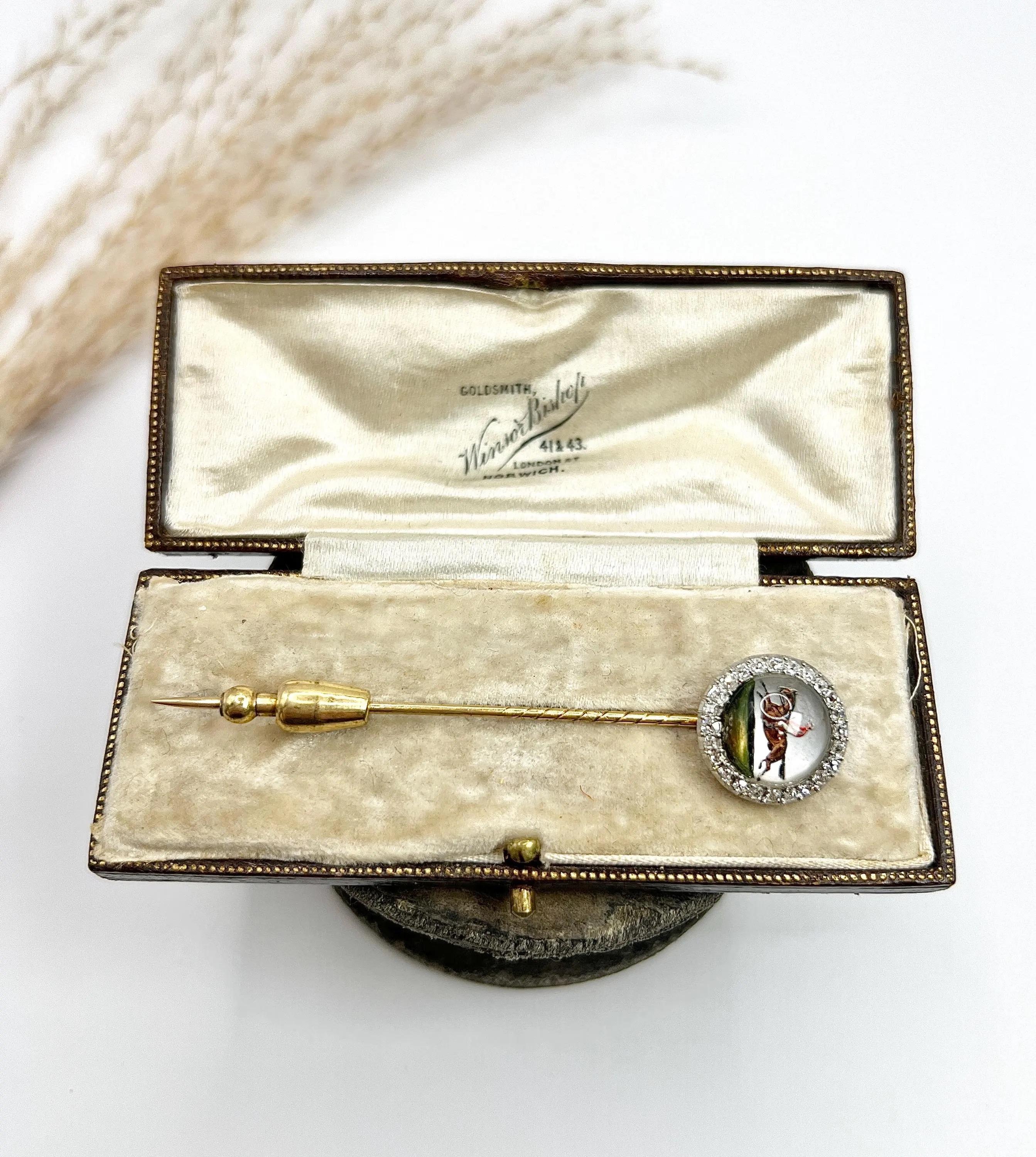 Antique 18ct Yellow Gold, Edwardian Race Horse, Essex Glass & Diamond Stick Pin For Sale 1
