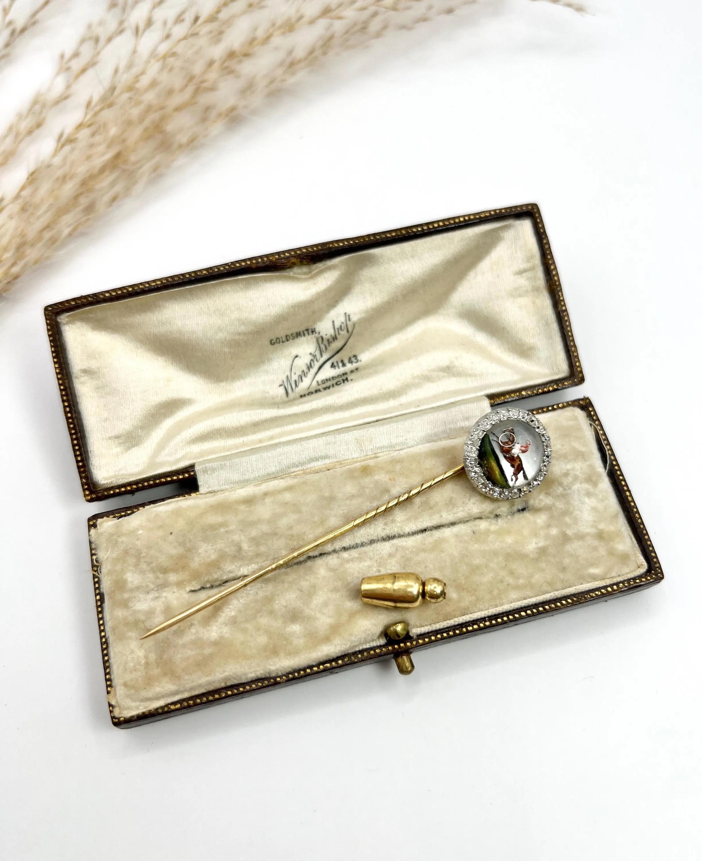Antique 18ct Yellow Gold, Edwardian Race Horse, Essex Glass & Diamond Stick Pin For Sale 3